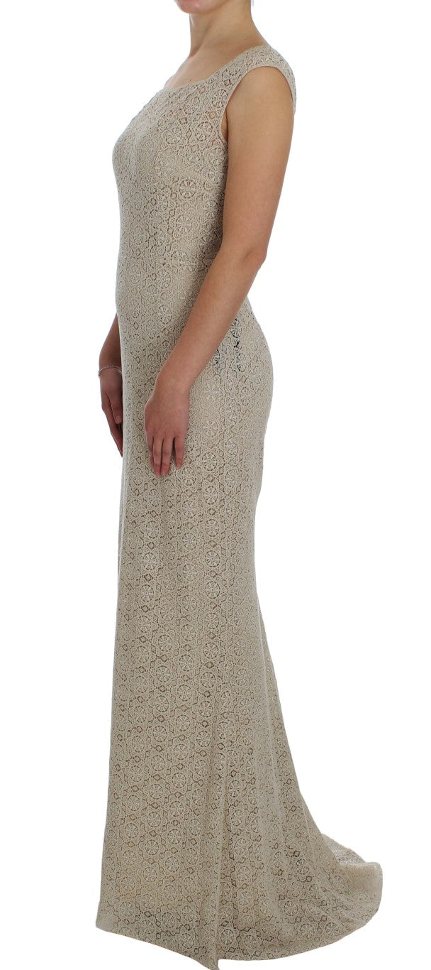 Dolce & Gabbana Beige Ricamo Cotton Sheath Dress with Neckline-2