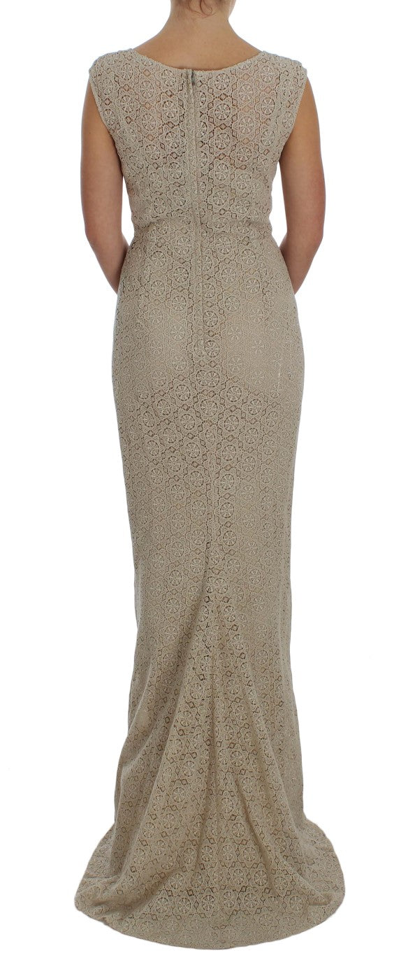 Dolce & Gabbana Beige Ricamo Cotton Sheath Dress with Neckline-3