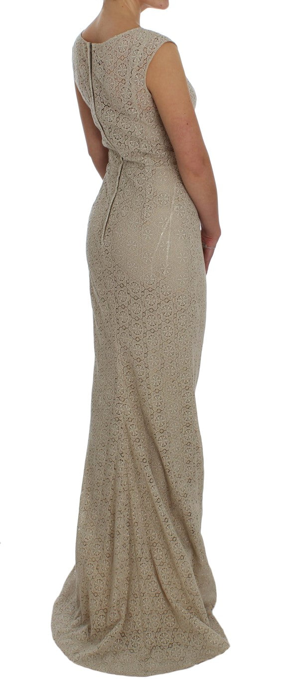 Dolce & Gabbana Beige Ricamo Cotton Sheath Dress with Neckline-4