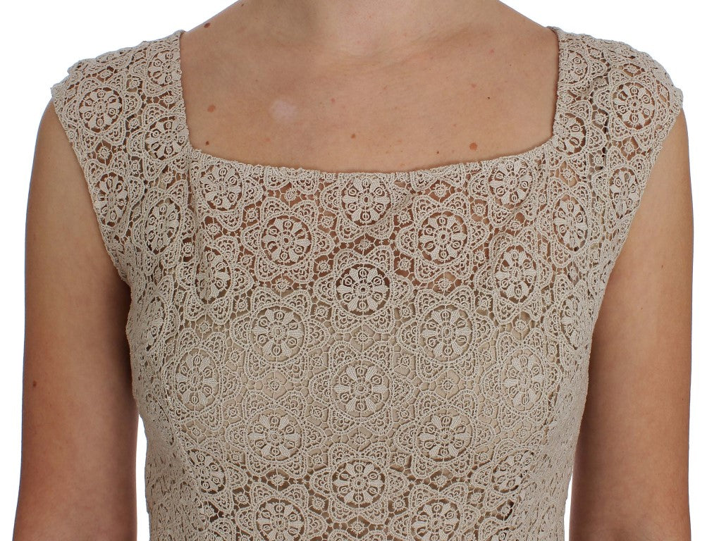 Dolce & Gabbana Beige Ricamo Cotton Sheath Dress with Neckline-5