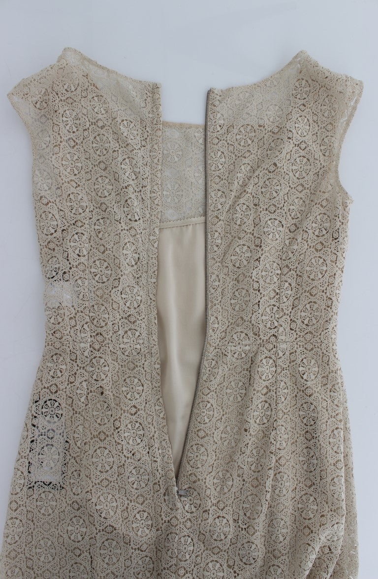 Dolce & Gabbana Beige Ricamo Cotton Sheath Dress with Neckline-6