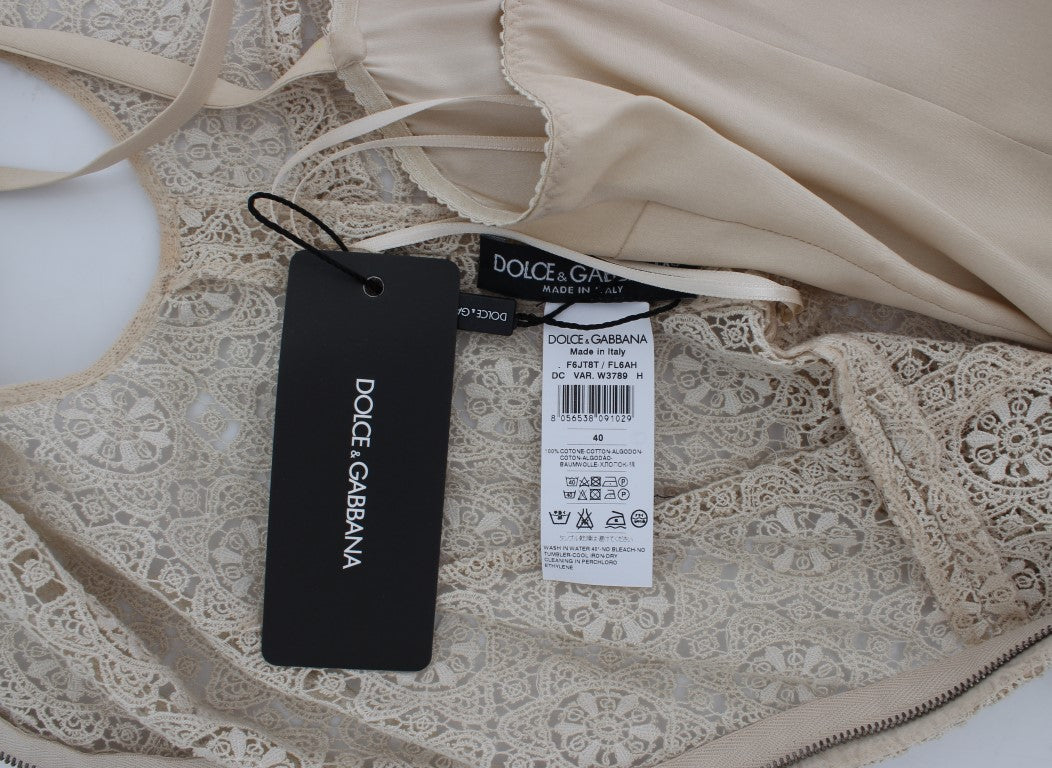 Dolce & Gabbana Beige Ricamo Cotton Sheath Dress with Neckline-7