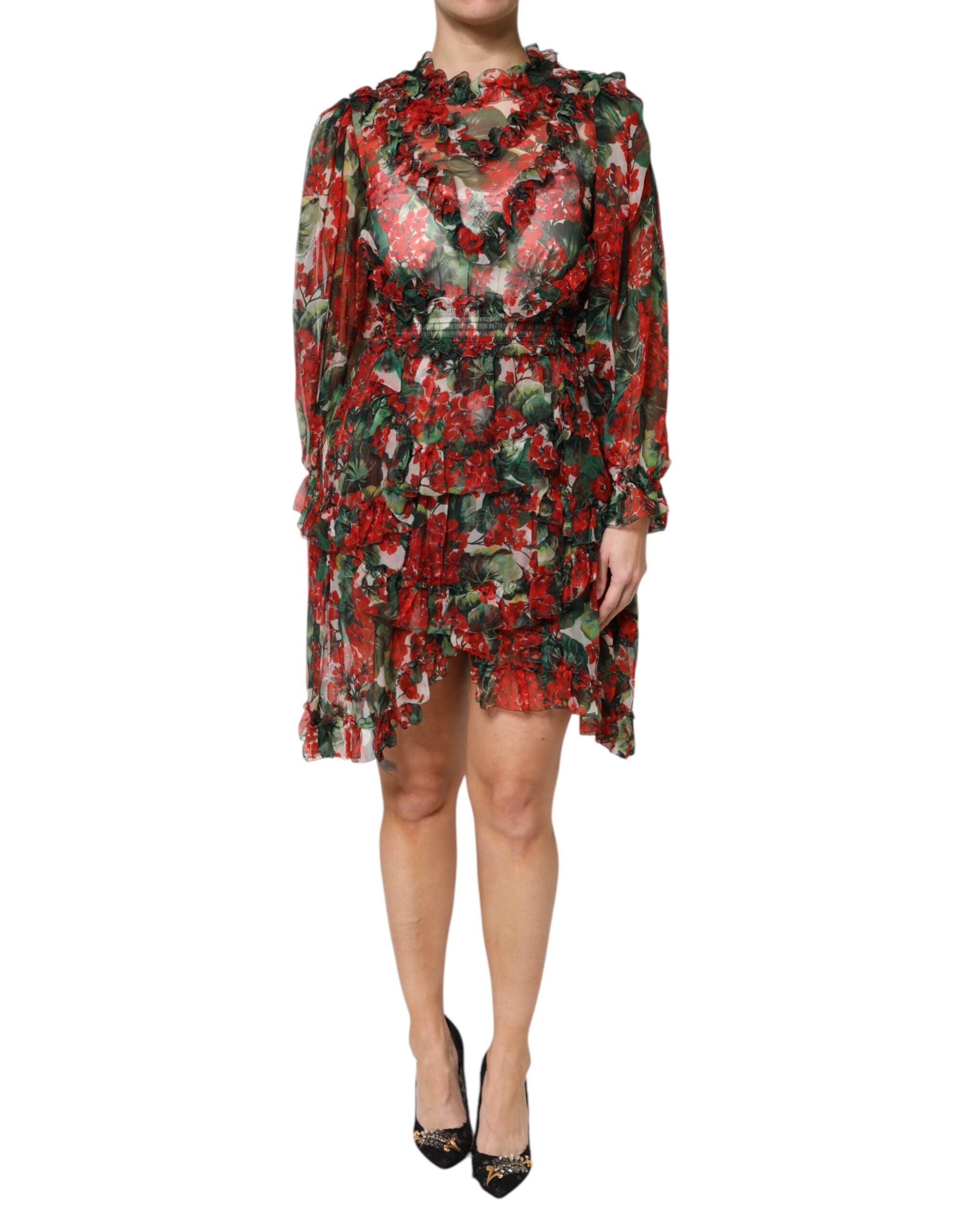 Dolce & Gabbana Multicolor gerafftes Kleid mit langen Ärmeln und Blumen-1