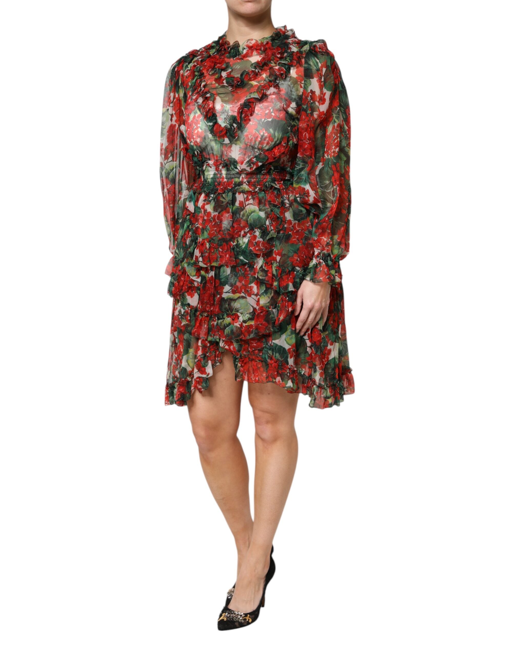 Dolce & Gabbana Multicolor gerafftes Kleid mit langen Ärmeln und Blumen-3
