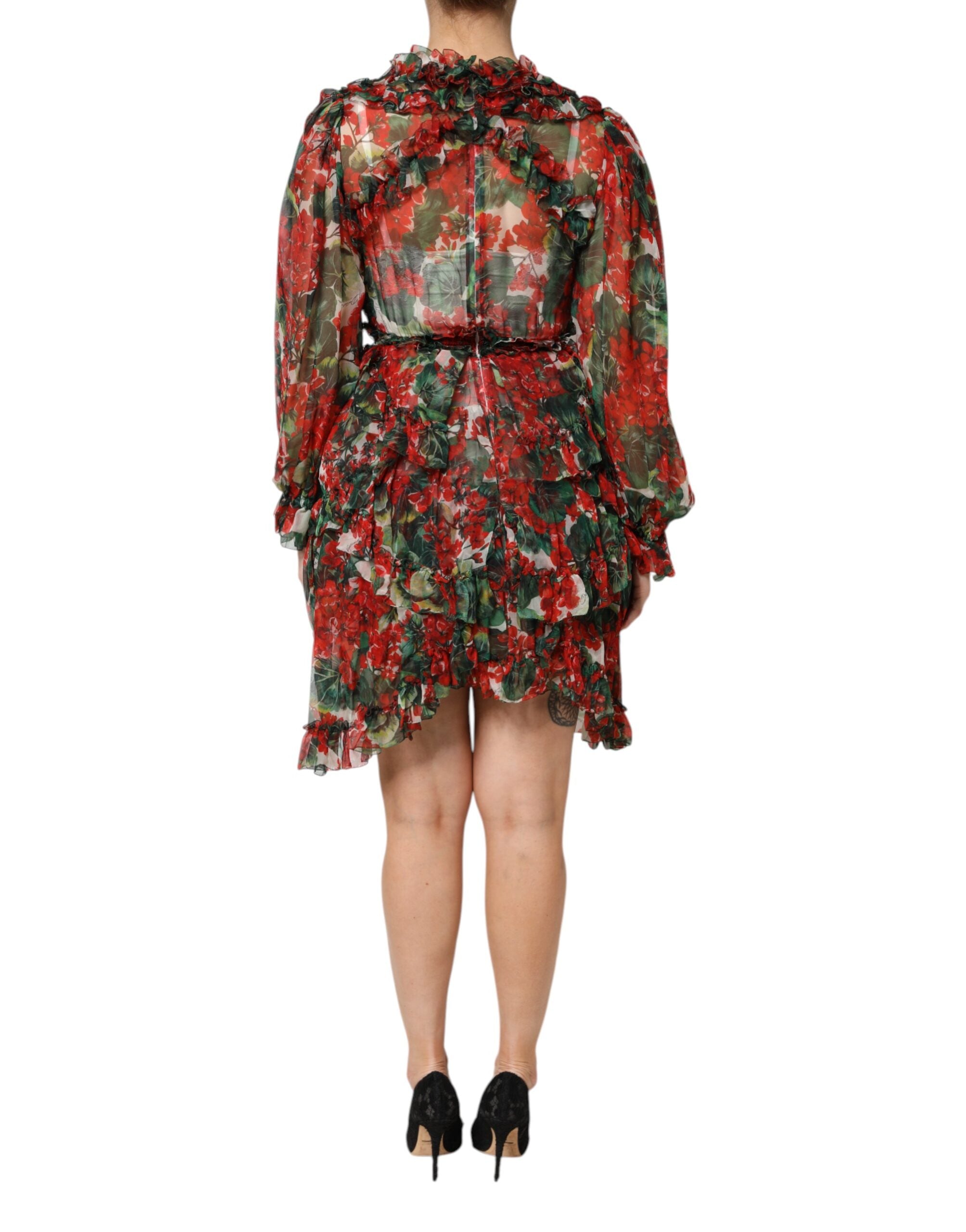 Dolce & Gabbana Multicolor gerafftes Kleid mit langen Ärmeln und Blumen-4