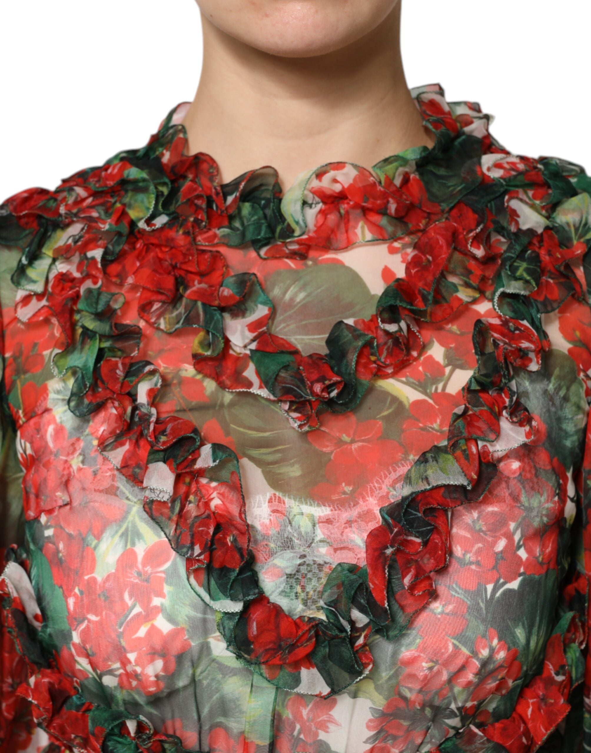 Dolce & Gabbana Multicolor gerafftes Kleid mit langen Ärmeln und Blumen-5