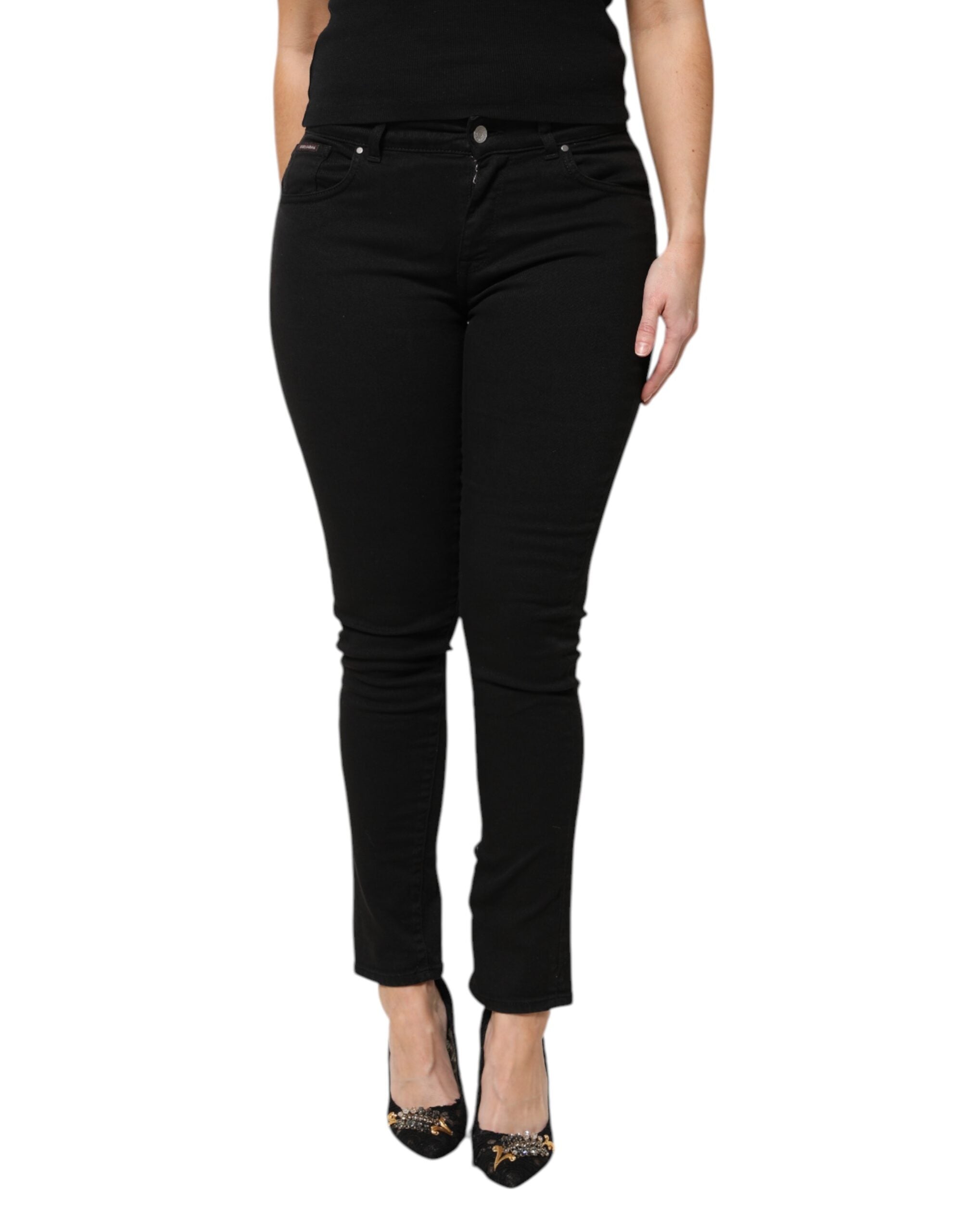 Dolce & Gabbana Black Cotton Logo Mid Waist Skinny Denim Jeans-2