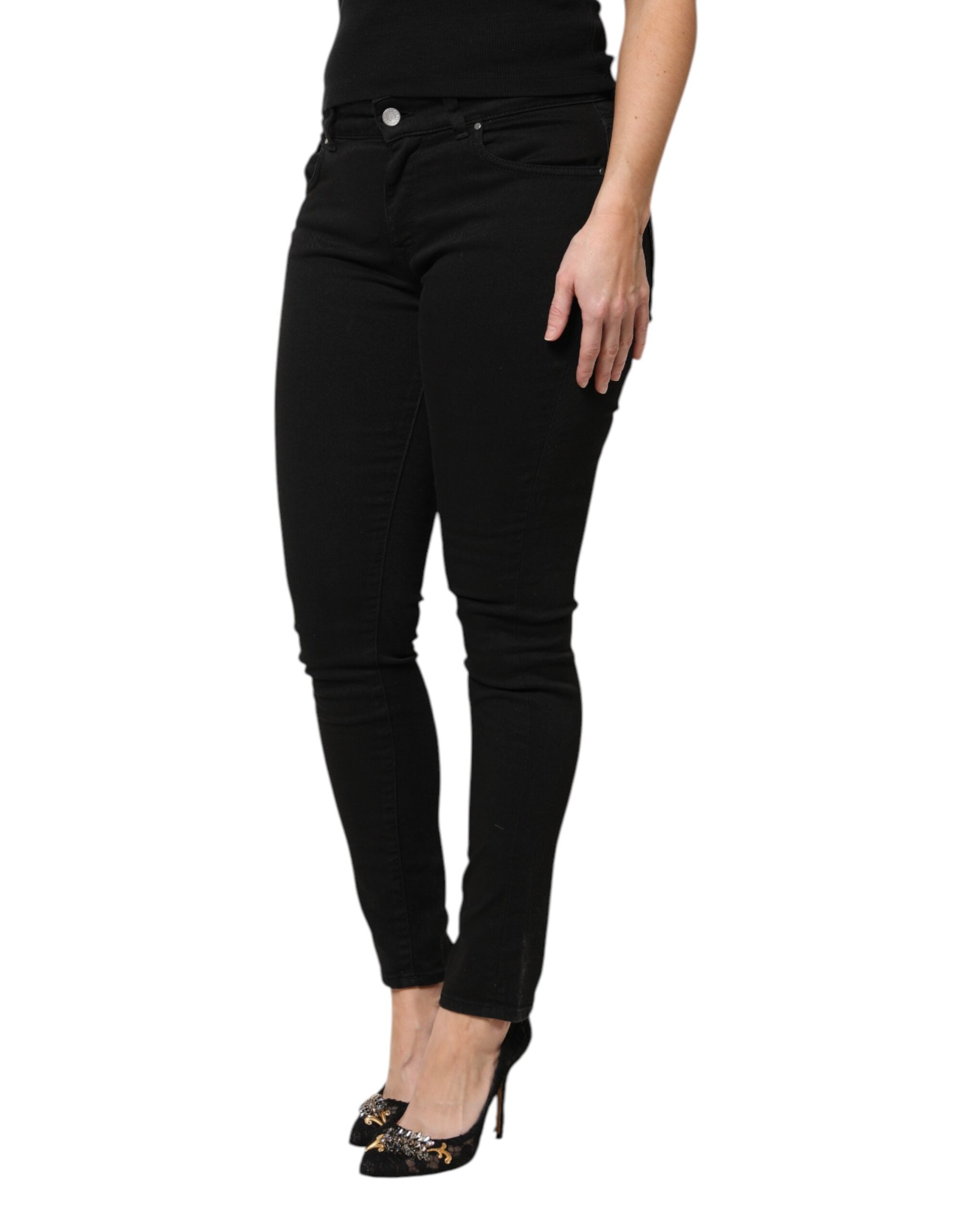 Dolce & Gabbana Black Cotton Logo Mid Waist Skinny Denim Jeans-3