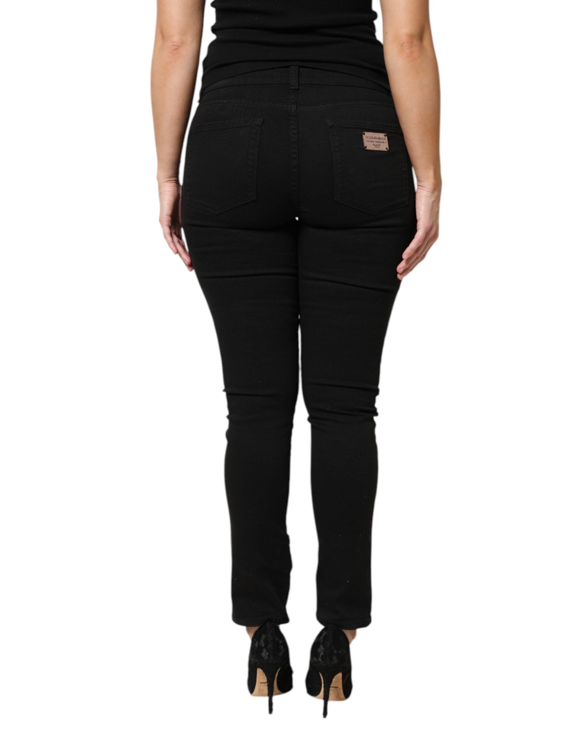 Dolce & Gabbana Black Cotton Logo Mid Waist Skinny Denim Jeans-4
