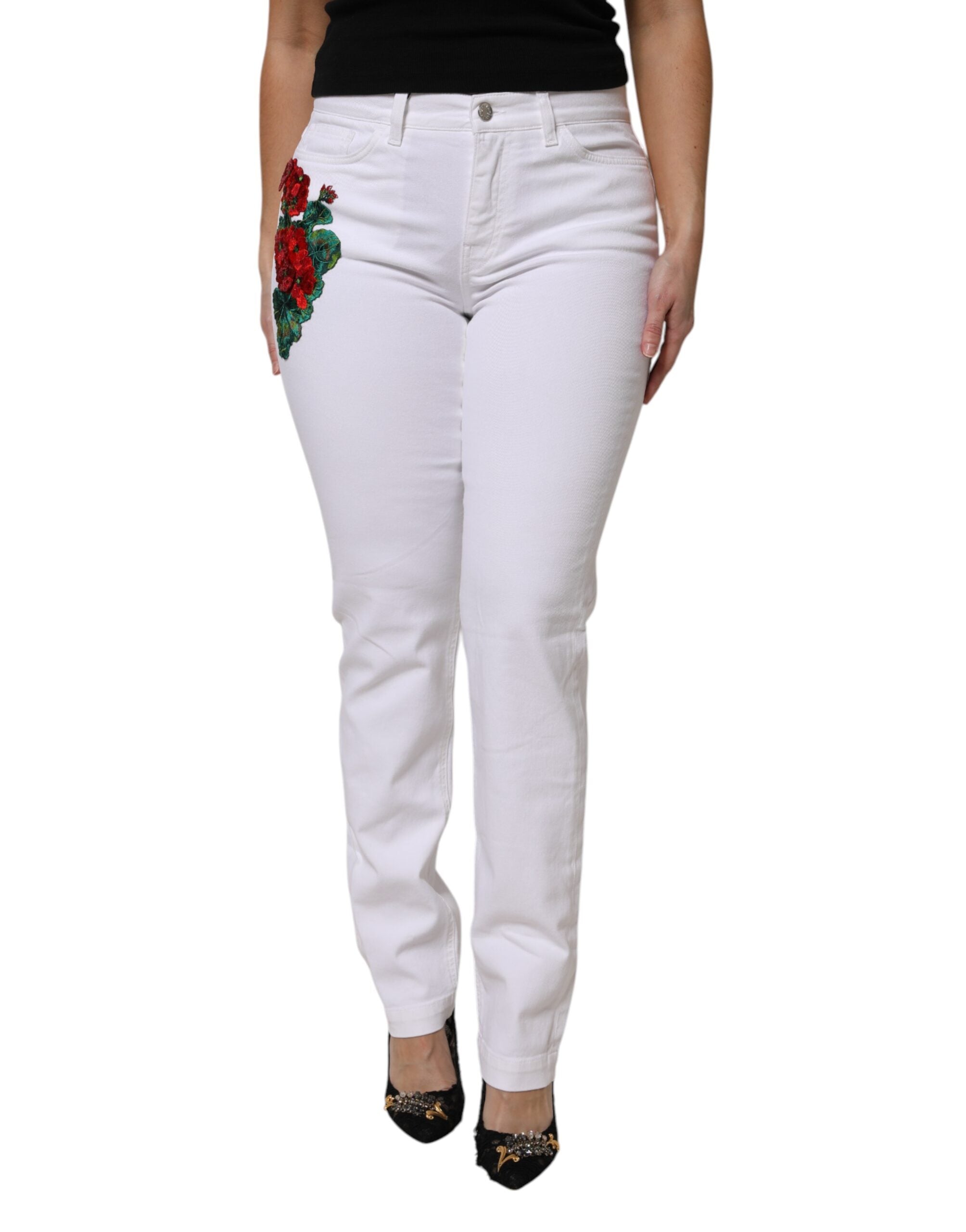 Dolce & Gabbana White GIRLY Denim Jeans with Flowers and Sequins