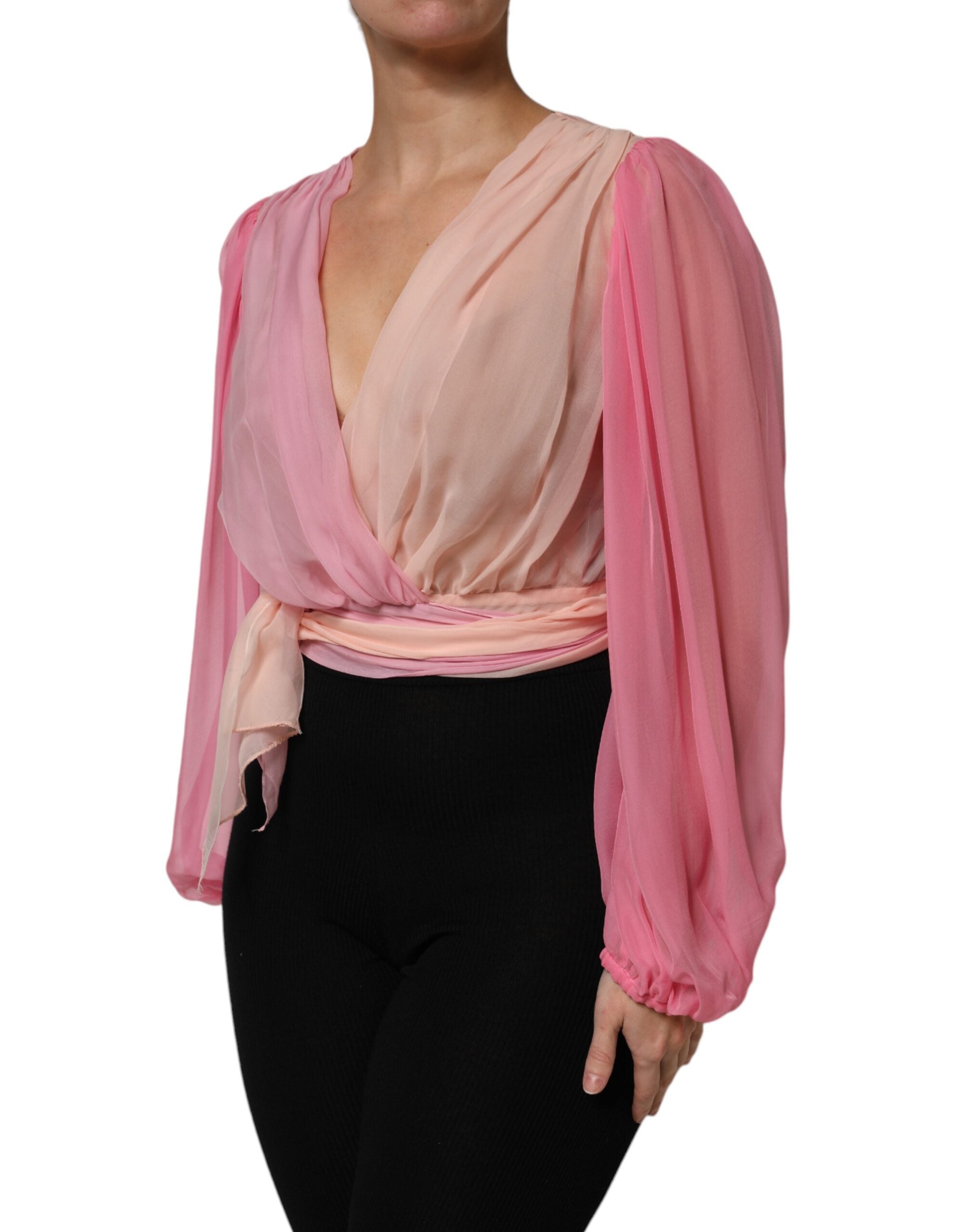 Blusa rosa Dolce & Gabbana con escote en V profundo y mangas largas-3