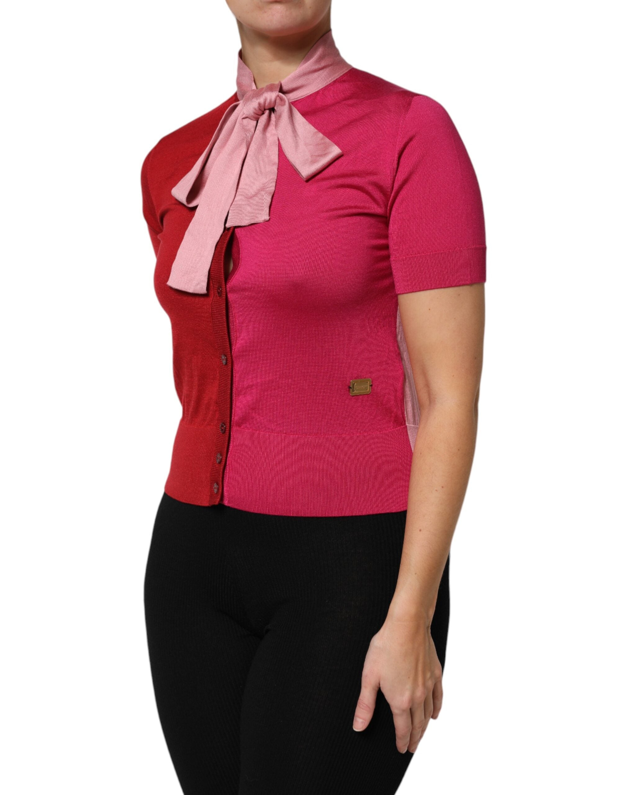 Top rosa de manga corta con botones y cuello Ascot de Dolce & Gabbana-3