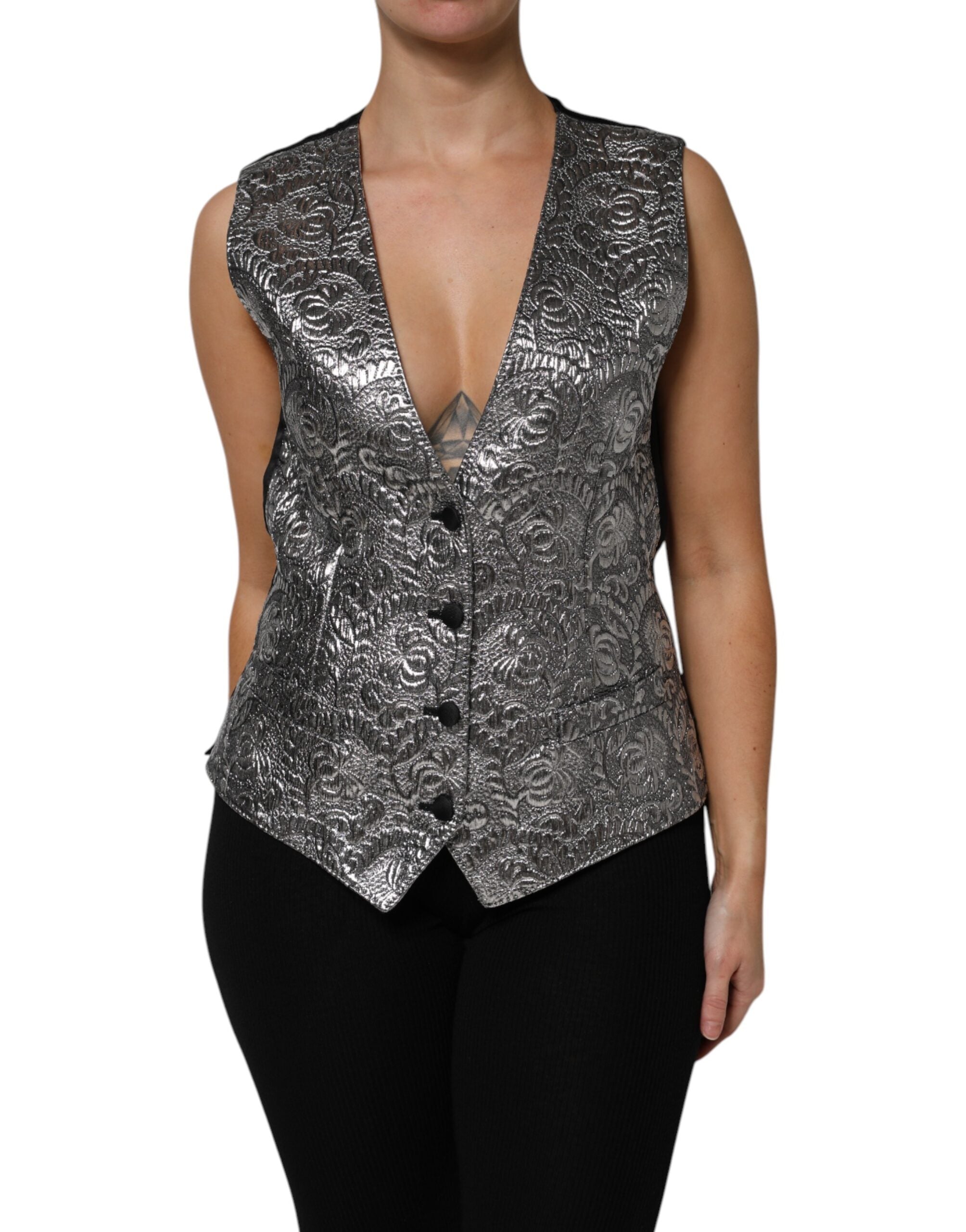 Dolce & Gabbana Silver sleeveless jacquard vest top with floral pattern-1
