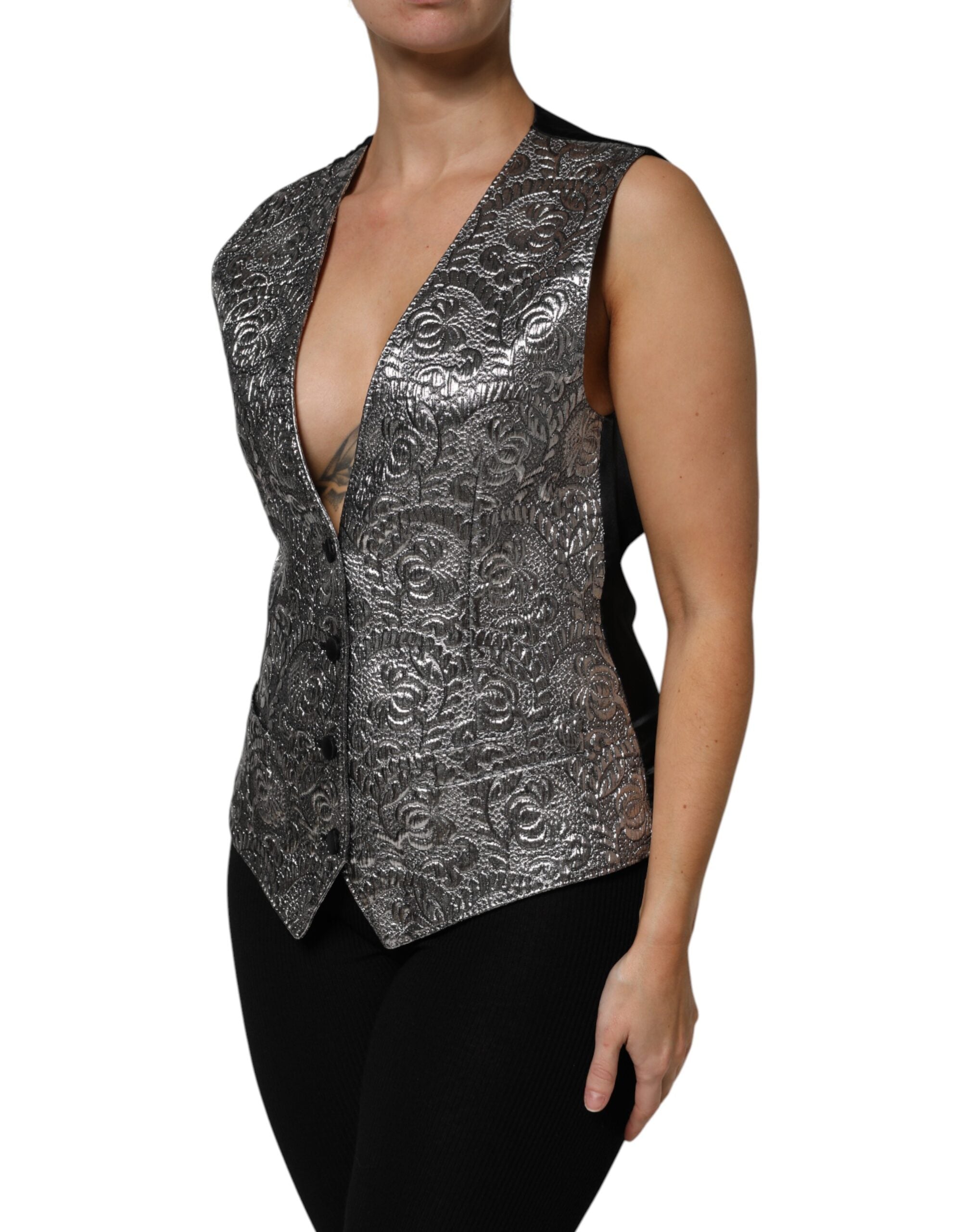 Dolce & Gabbana Silver sleeveless jacquard vest top with floral pattern-3