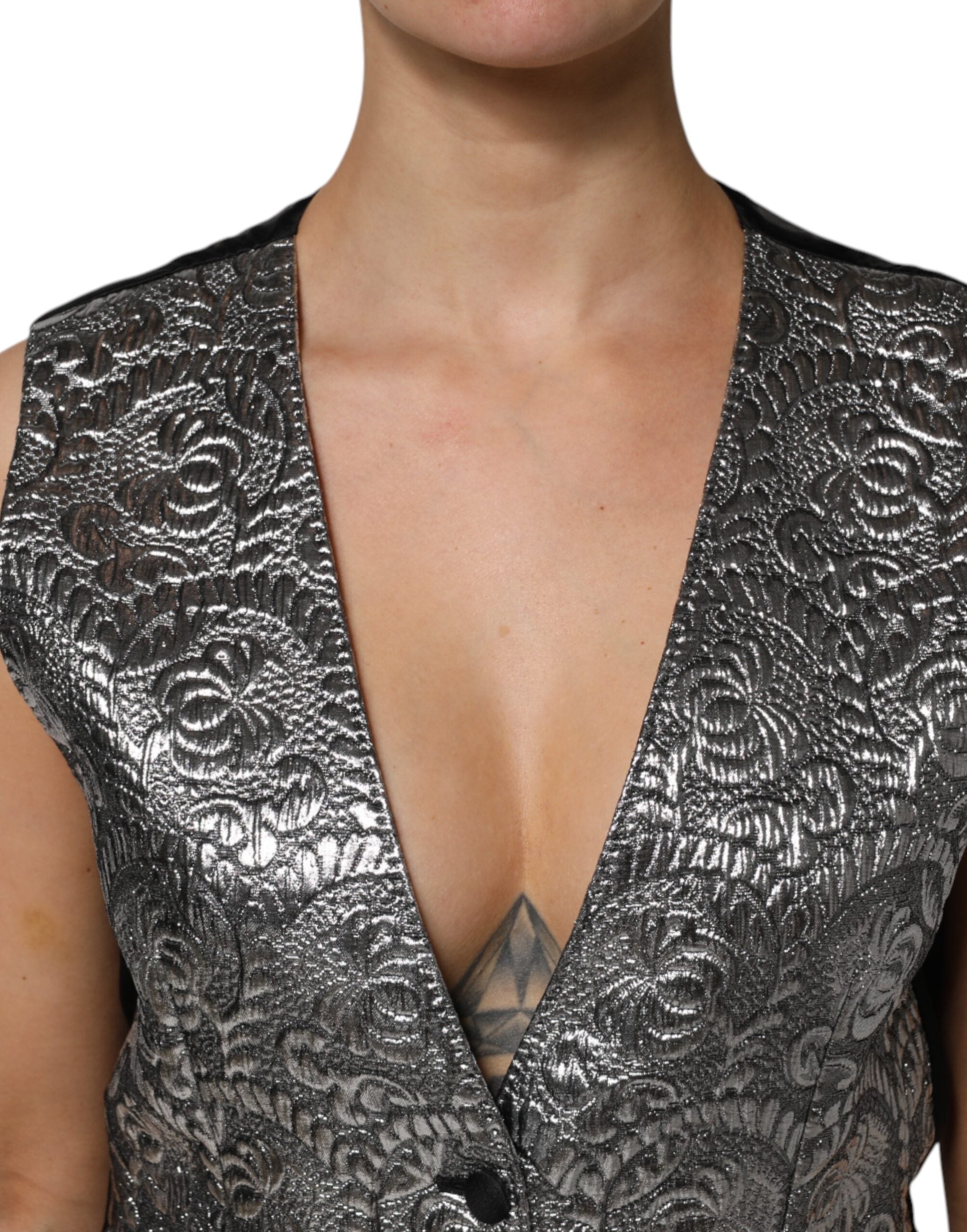 Dolce & Gabbana Silver sleeveless jacquard vest top with floral pattern-5