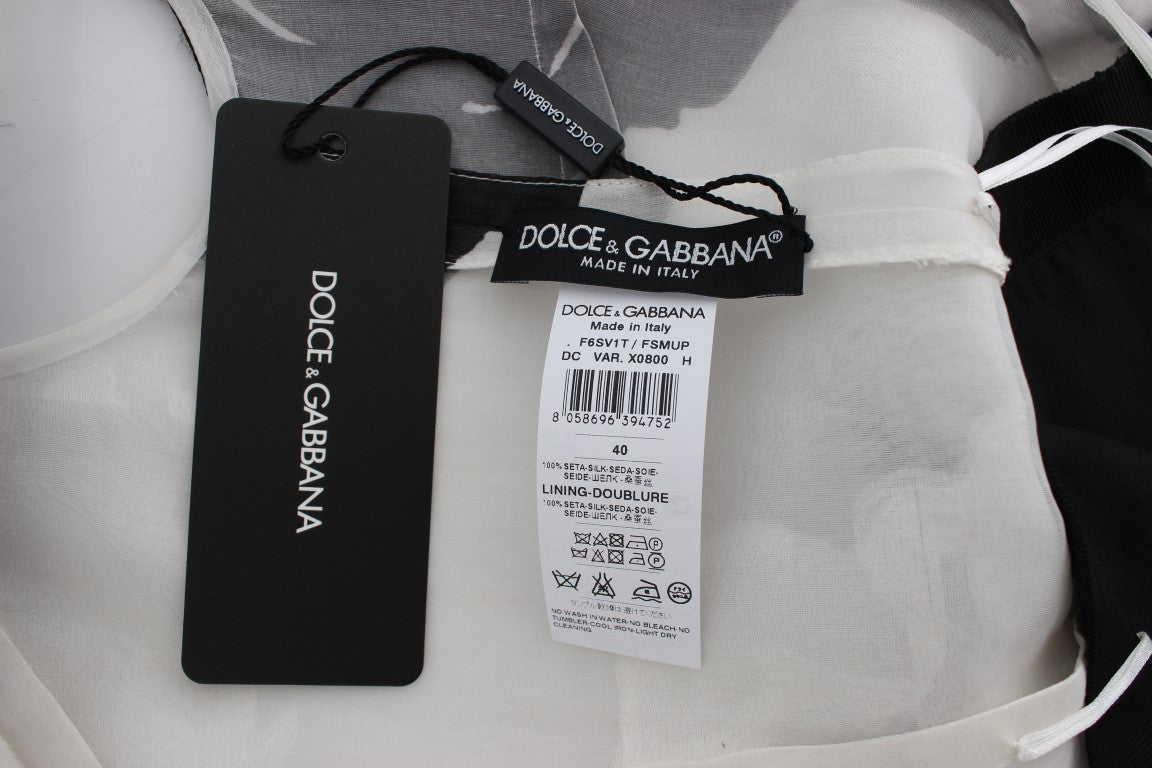 Vestido tubo de seda floral en blanco y negro de Dolce & Gabbana-7