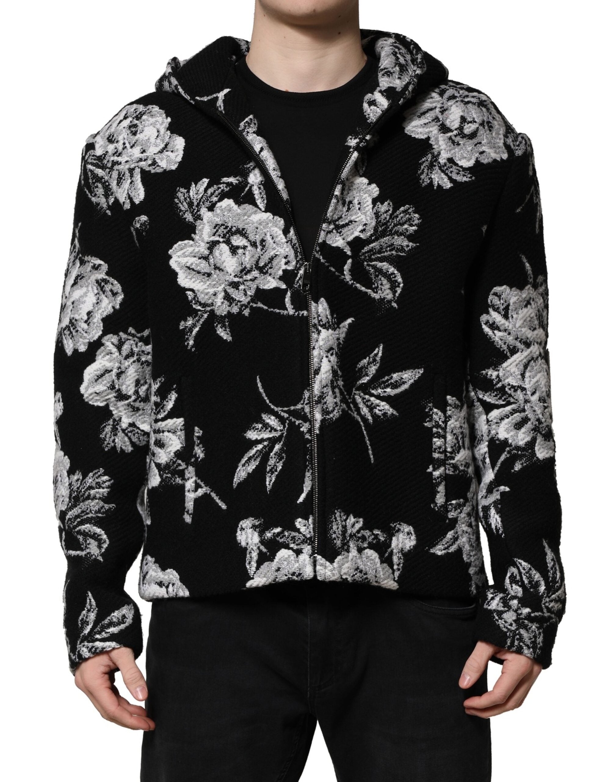 Dolce & Gabbana Black hooded wool jacket with floral pattern for men-2