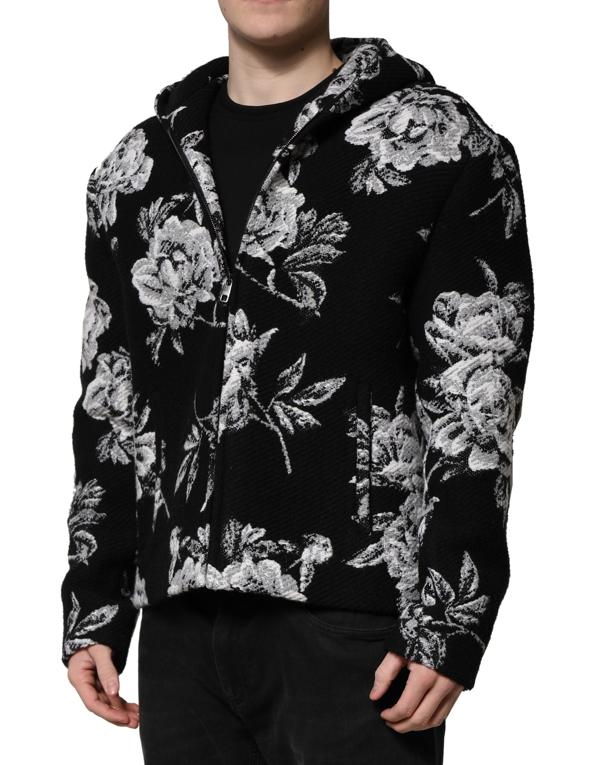 Dolce & Gabbana Black hooded wool jacket with floral pattern for men-3