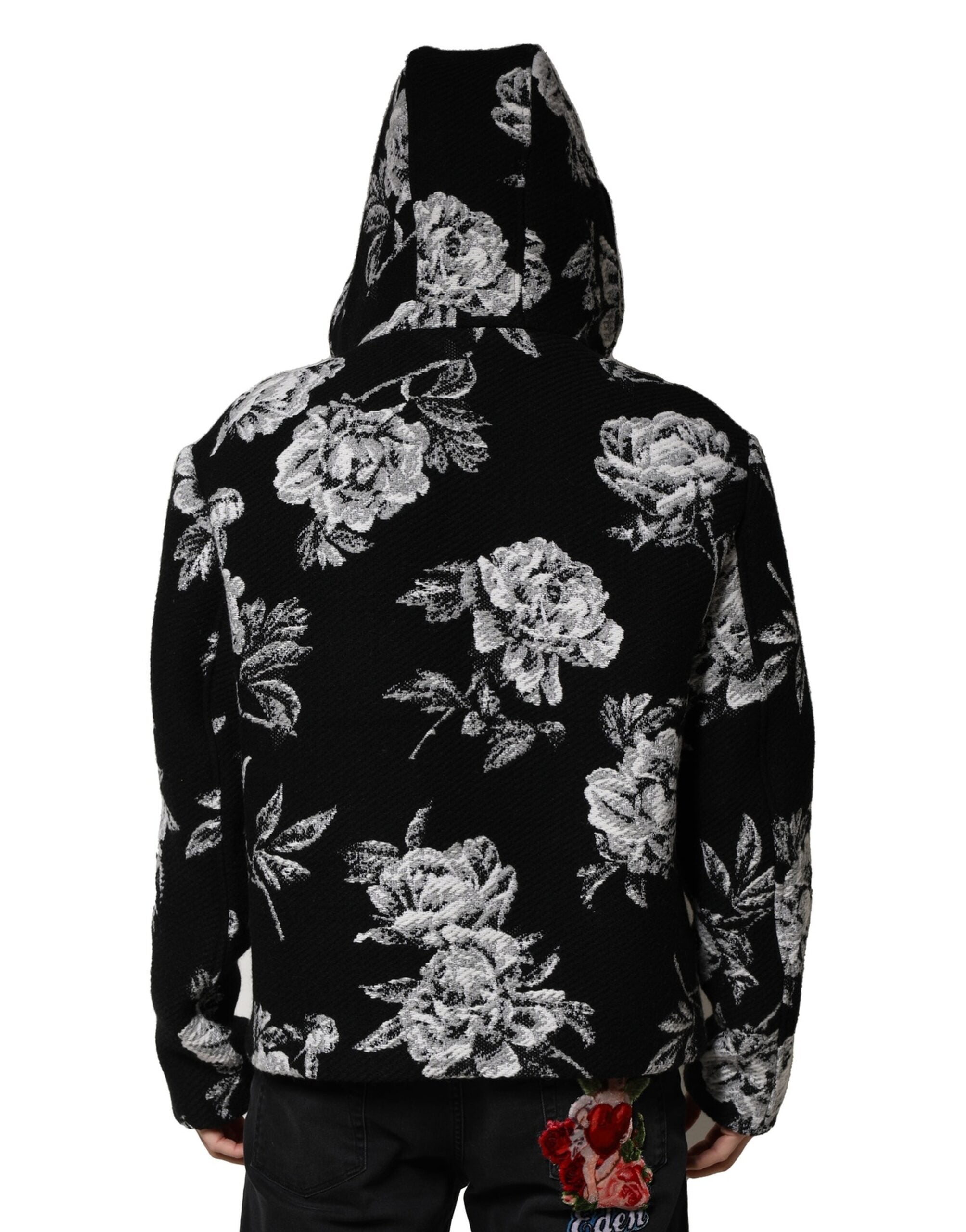 Dolce & Gabbana Black hooded wool jacket with floral pattern for men-4
