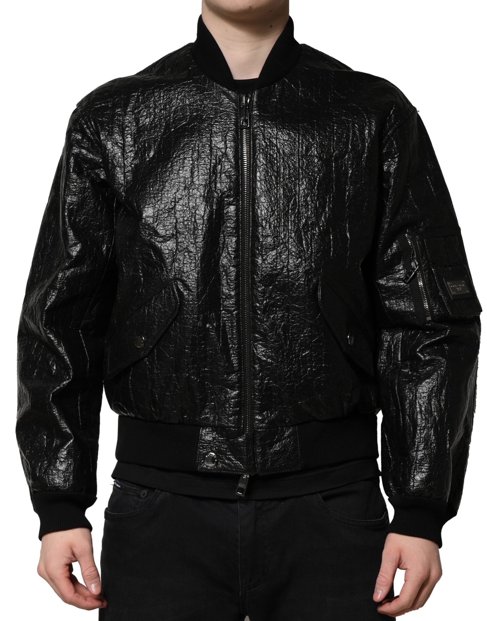 Dolce & Gabbana Black Logo Plaque Bomber Jacket with Zipper-2