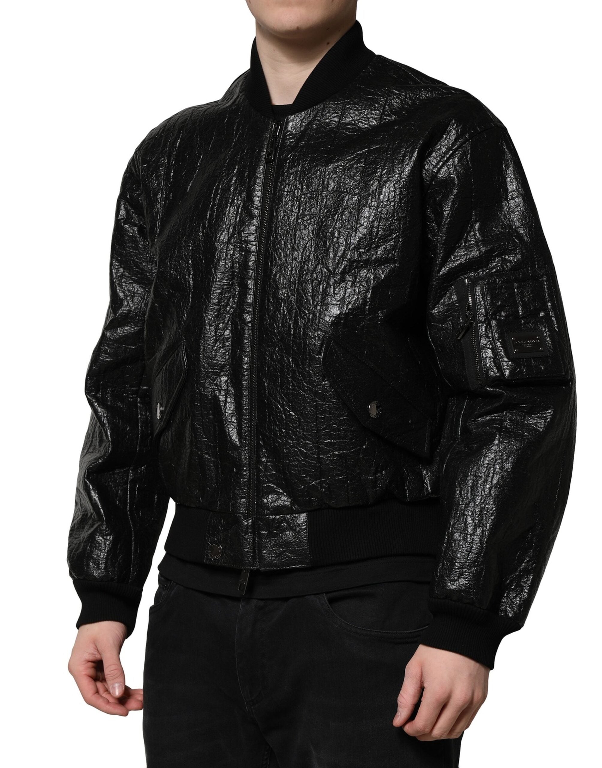 Dolce & Gabbana Black Logo Plaque Bomber Jacket with Zipper-3