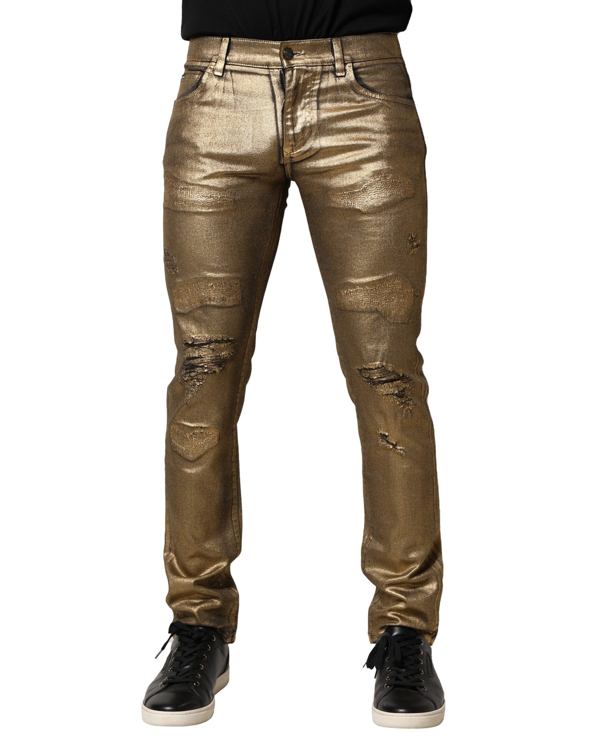 Dolce & Gabbana Goldfarbene zerfetzte Baumwoll-Stretch-Denim-Jeans-2
