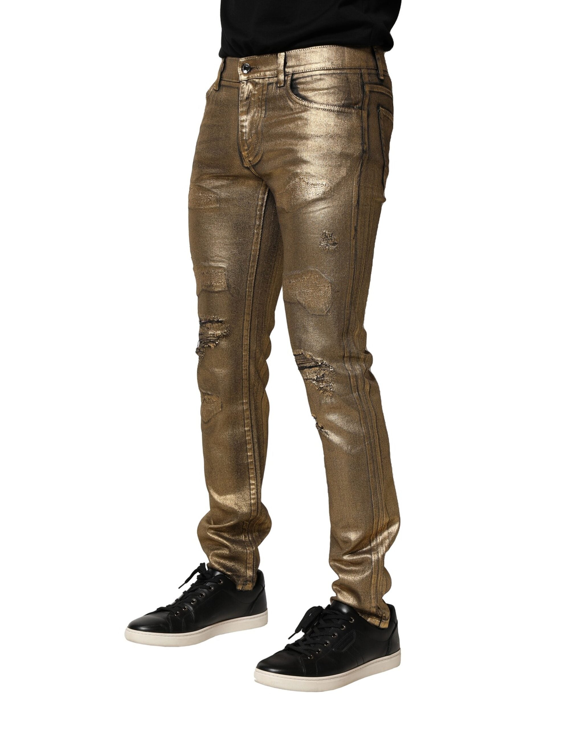 Dolce & Gabbana Goldfarbene zerfetzte Baumwoll-Stretch-Denim-Jeans-3