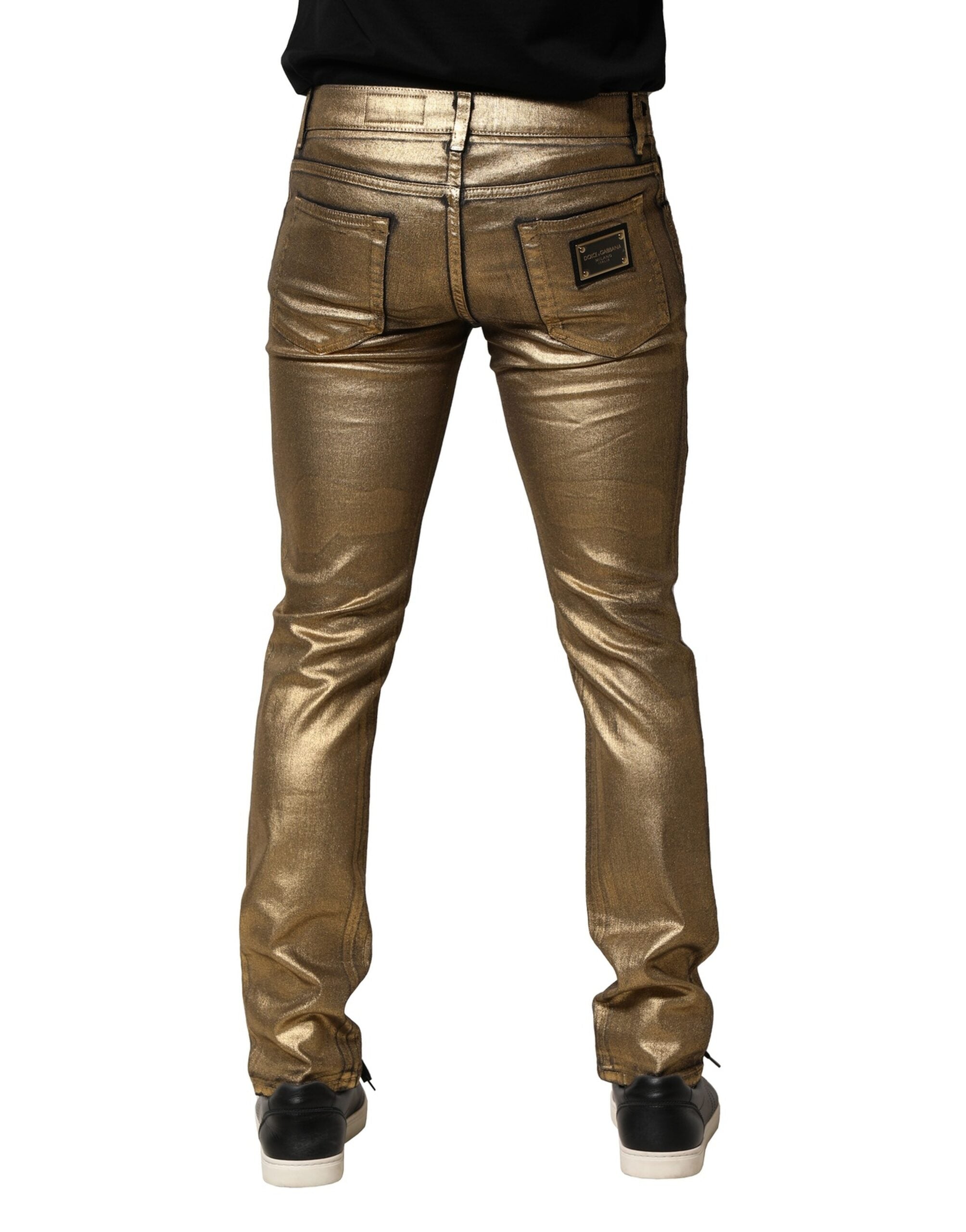 Dolce & Gabbana Goldfarbene zerfetzte Baumwoll-Stretch-Denim-Jeans-4