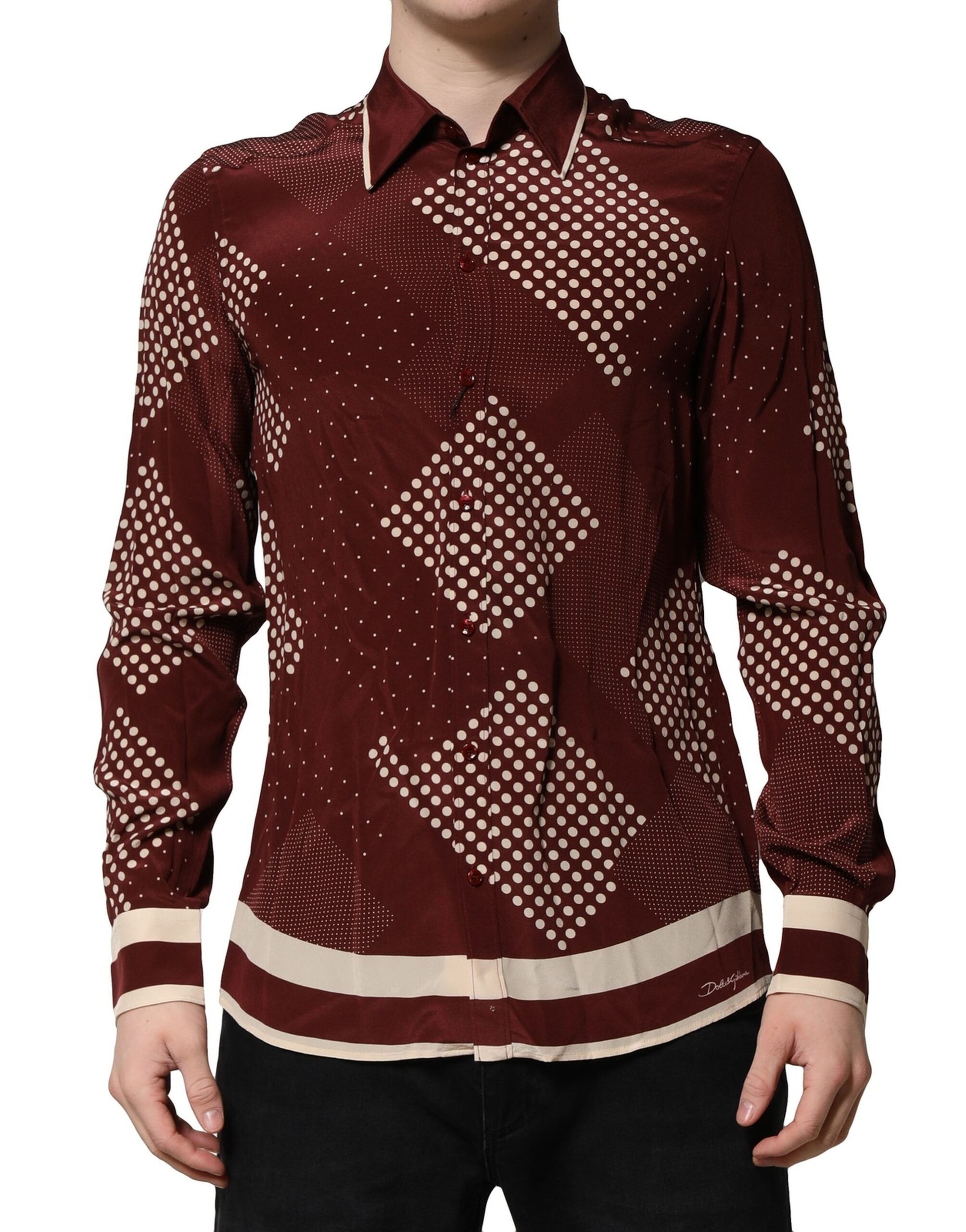 Dolce & Gabbana chestnut brown polka dot silk long-sleeved shirt-2
