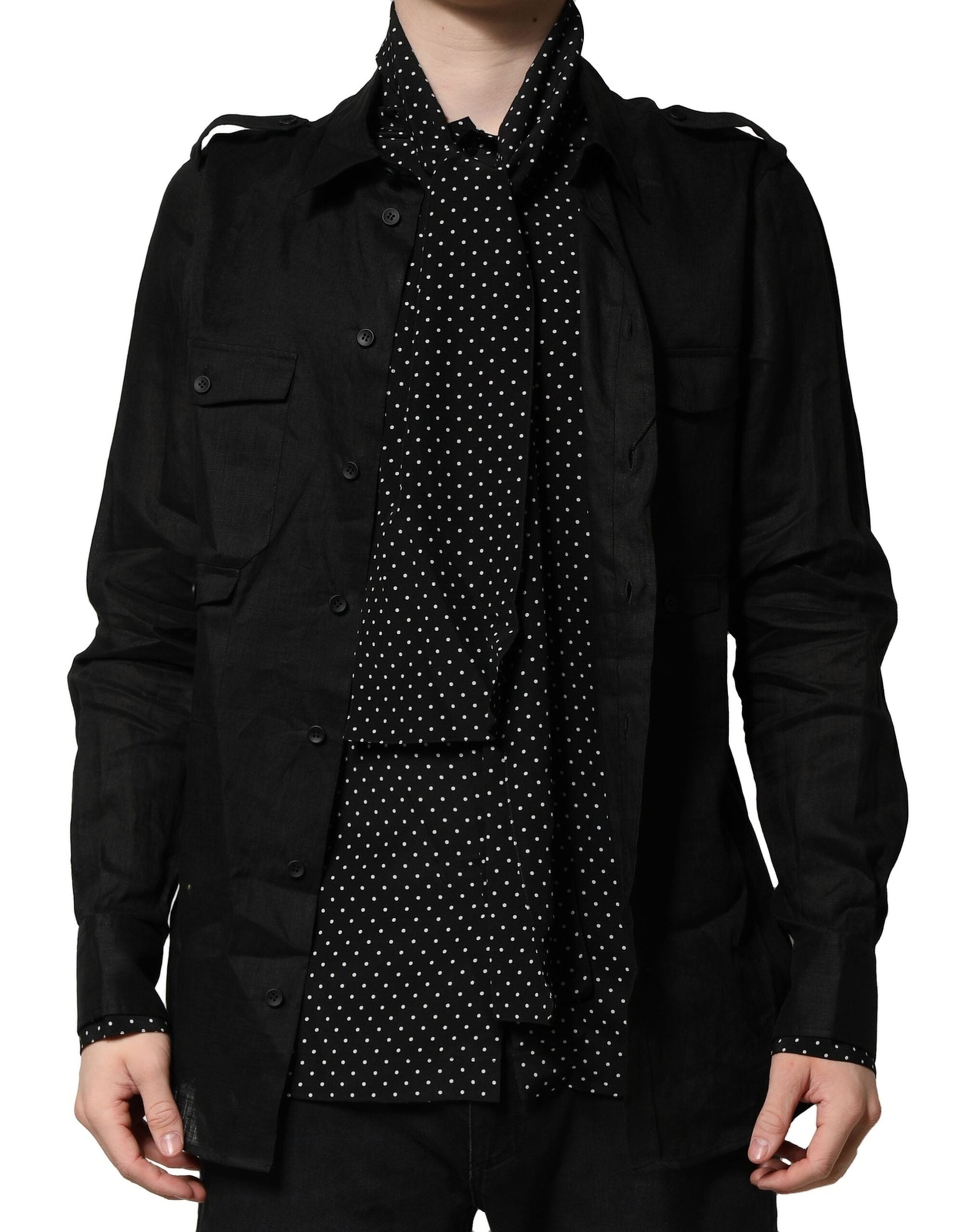 Dolce & Gabbana Schwarzes Polka Dot Leinen Seide Herren Freizeithemd-1