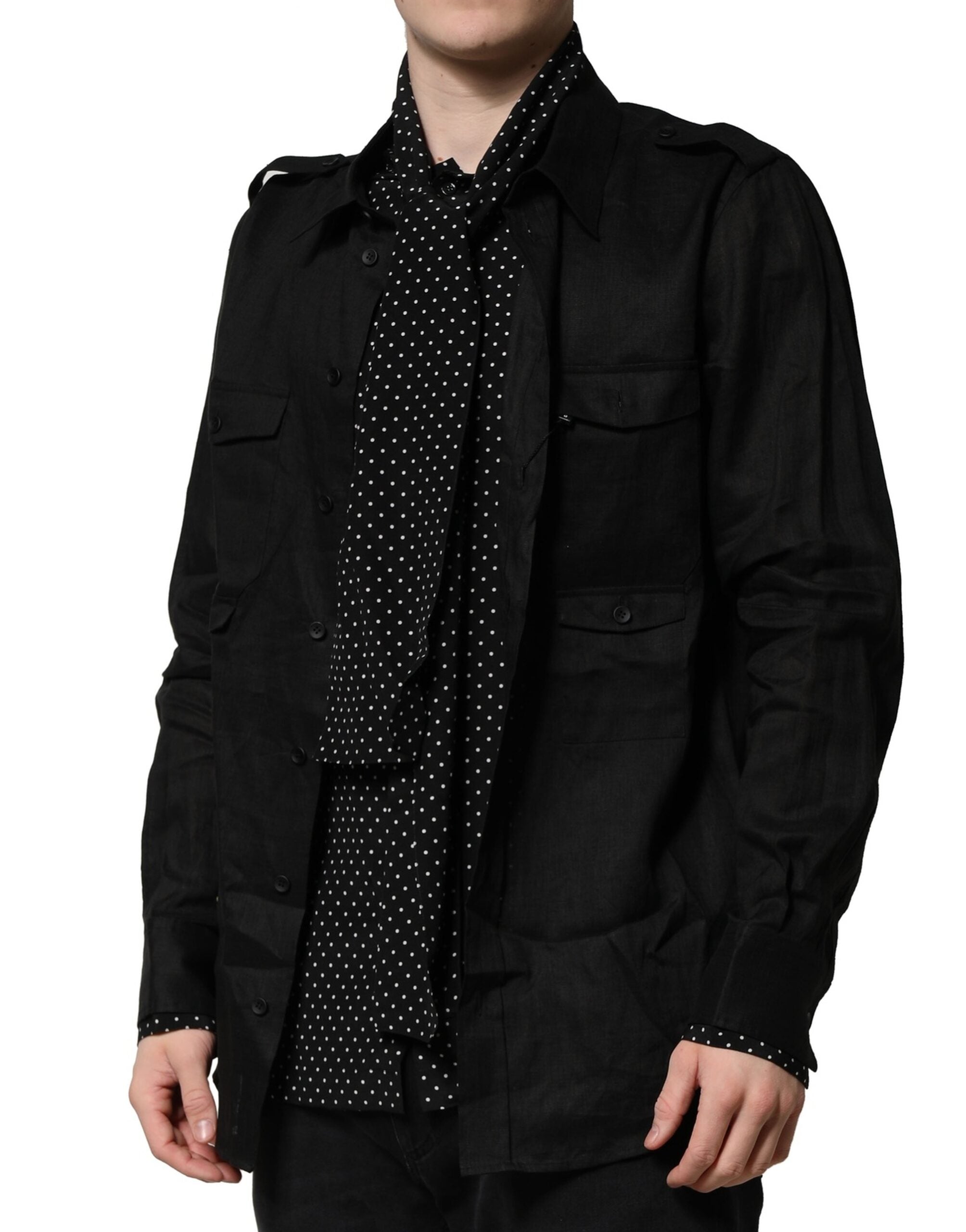Dolce & Gabbana Schwarzes Polka Dot Leinen Seide Herren Freizeithemd-4