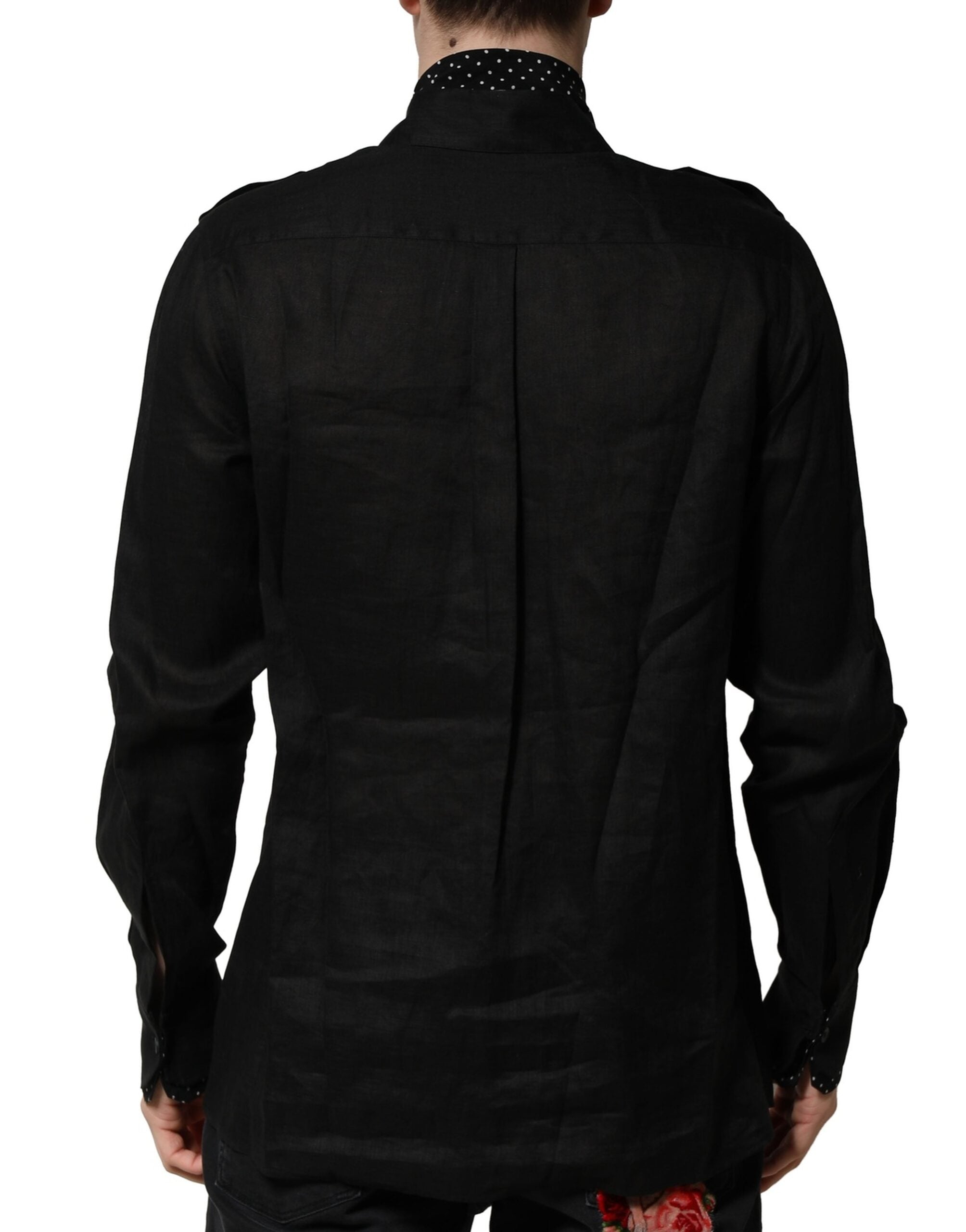 Dolce & Gabbana Black Polka Dot Collar Tie Neckline Casual Shirt-3