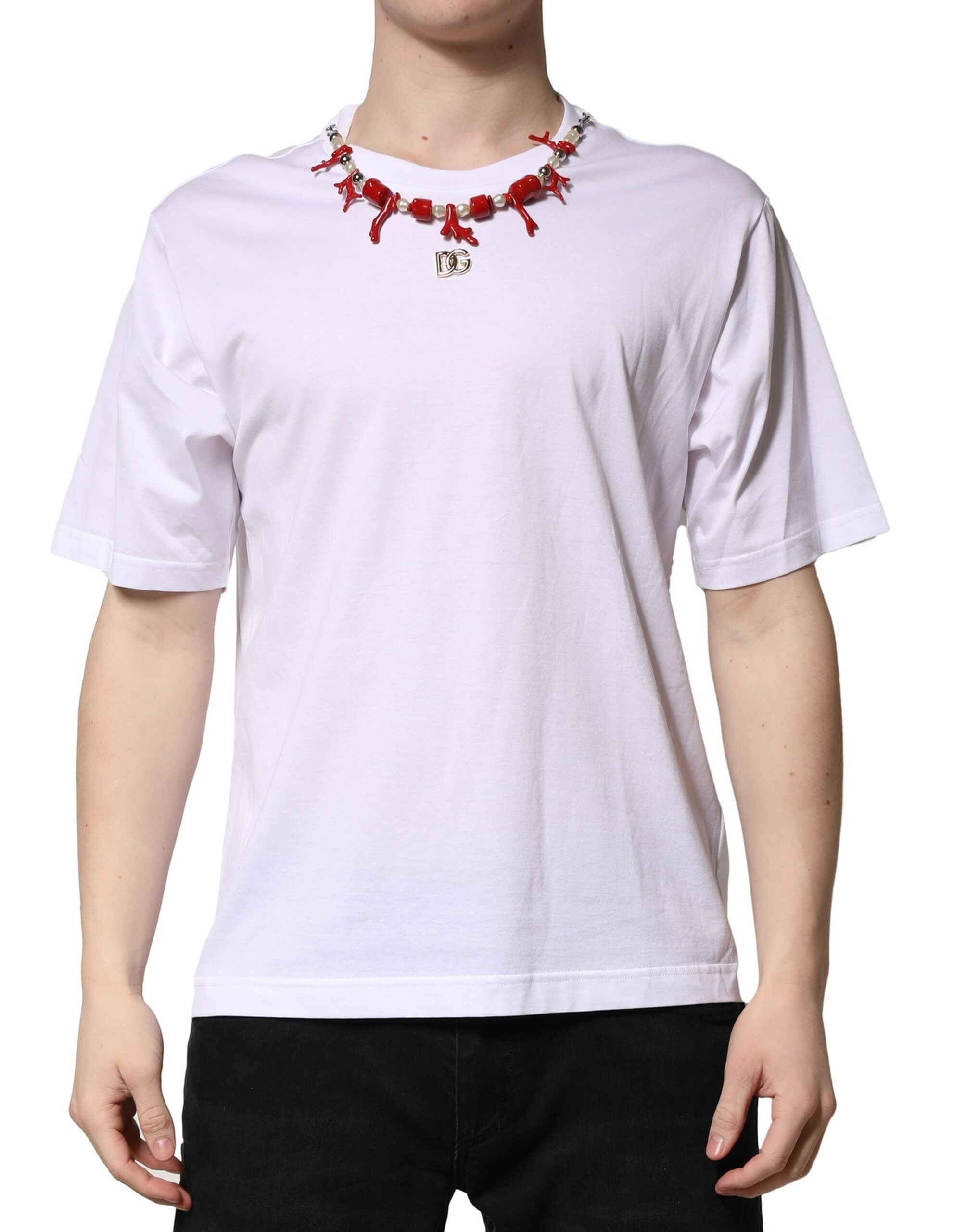 Dolce & Gabbana Camiseta blanca de algodón con cuello redondo y adornos-2