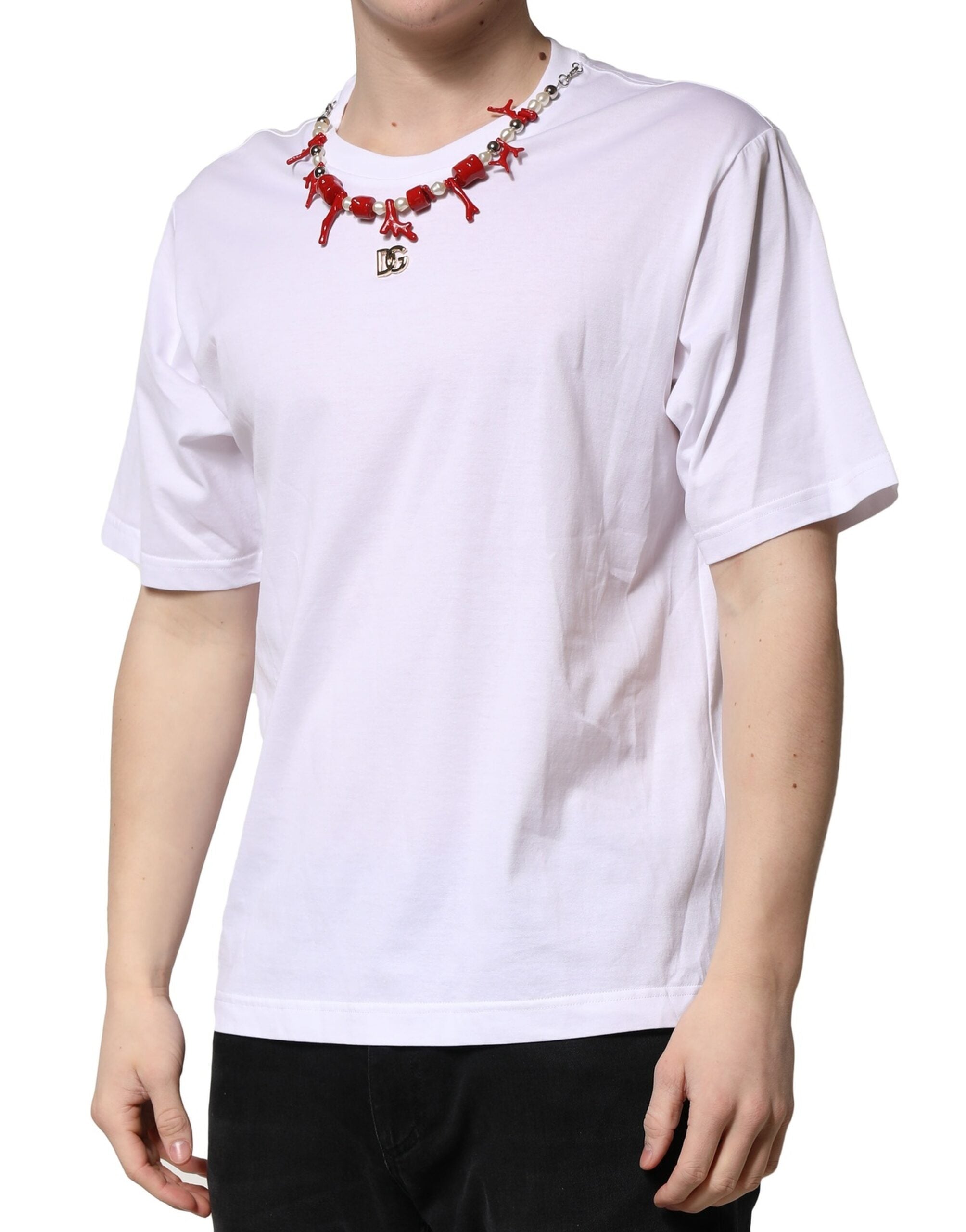Dolce & Gabbana Camiseta blanca de algodón con cuello redondo y adornos-3