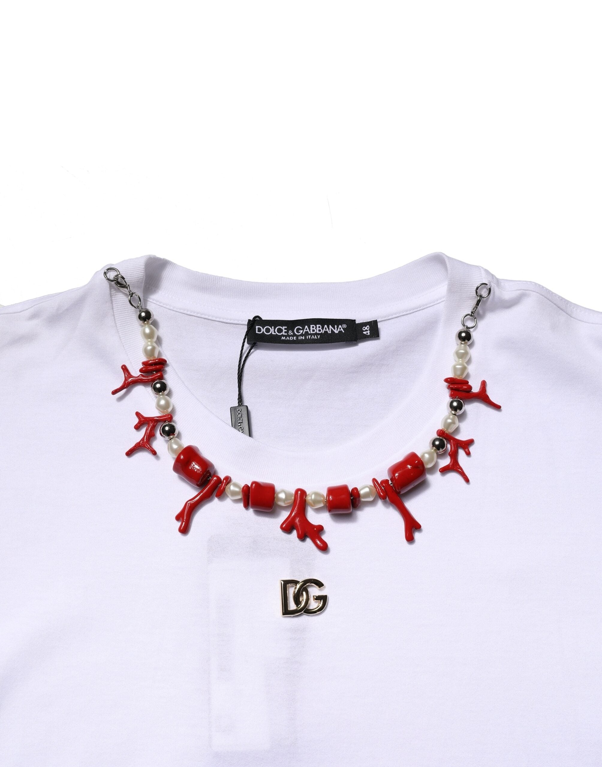Dolce & Gabbana Camiseta blanca de algodón con cuello redondo y adornos-5