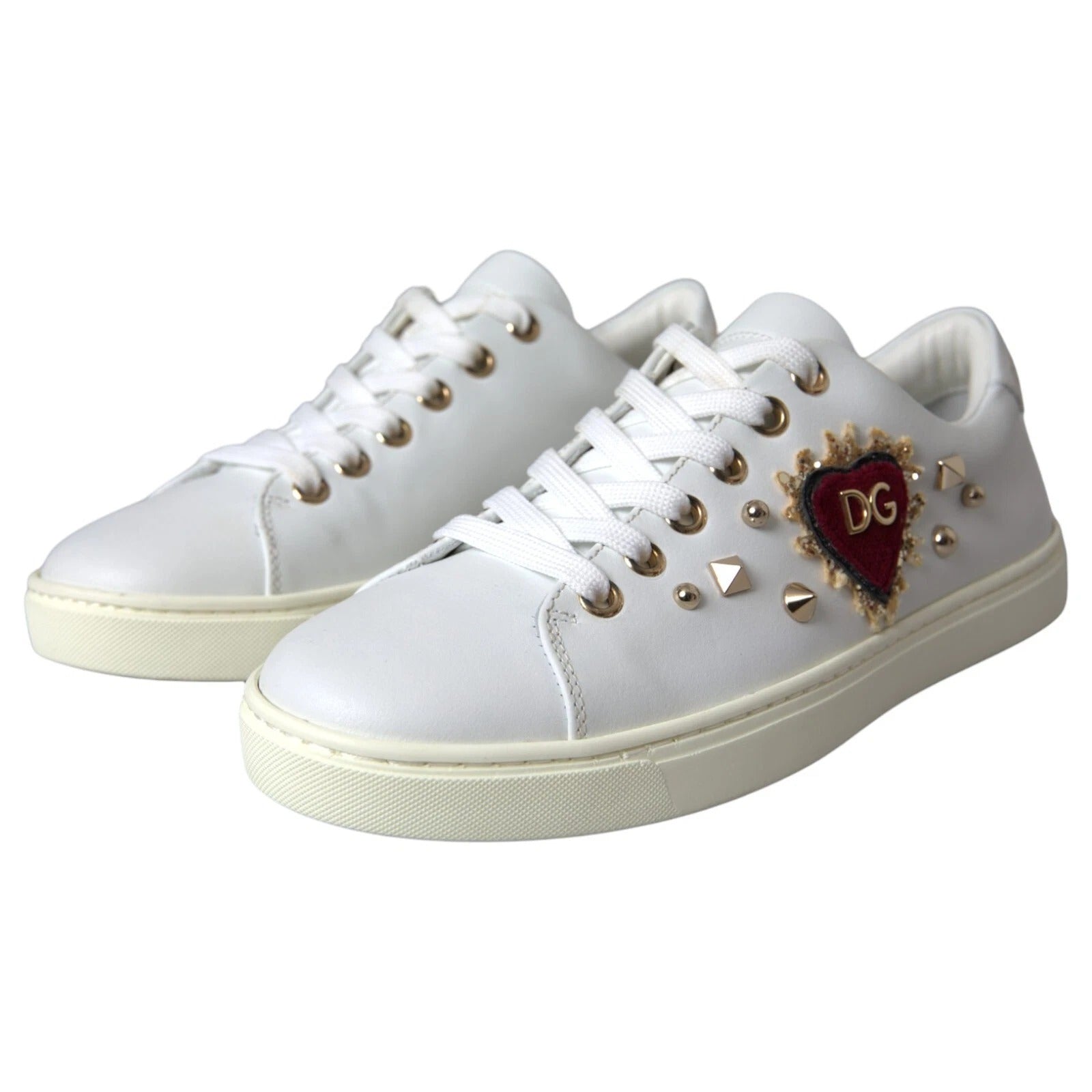 Dolce & Gabbana Weiß Leder Gold Rot Herz Turnschuhe Schuhe-4