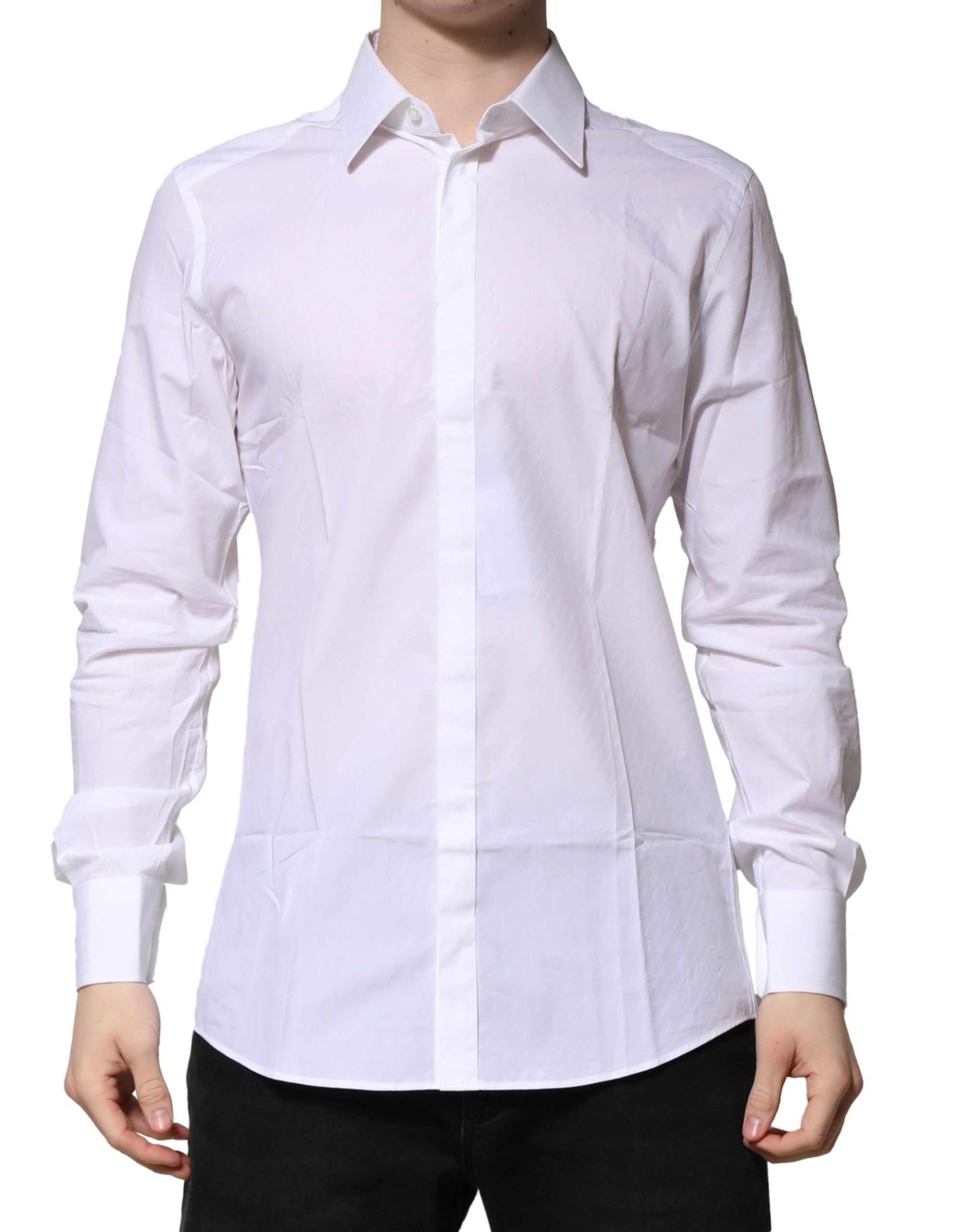 Dolce & Gabbana White Cotton Long-Sleeved Shirt GOLD Formal Shirt-2