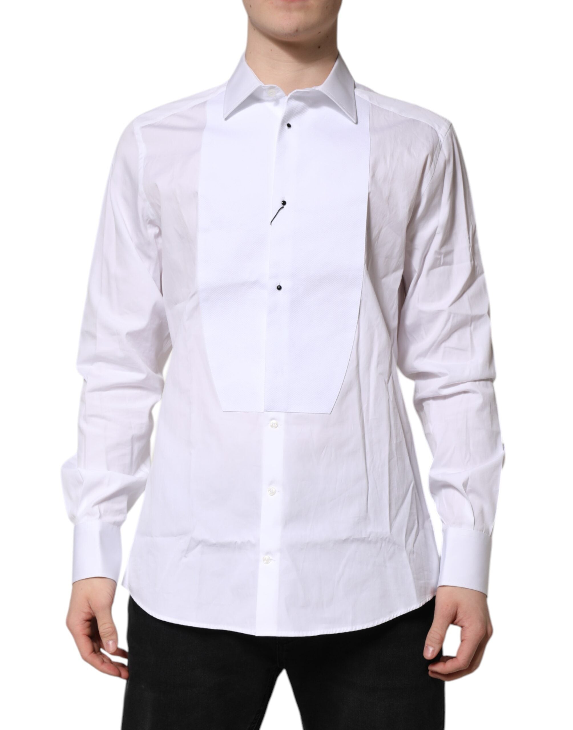 Dolce & Gabbana White Silk Poplin Bib Shirt GOLD Men's Formal Shirt-1