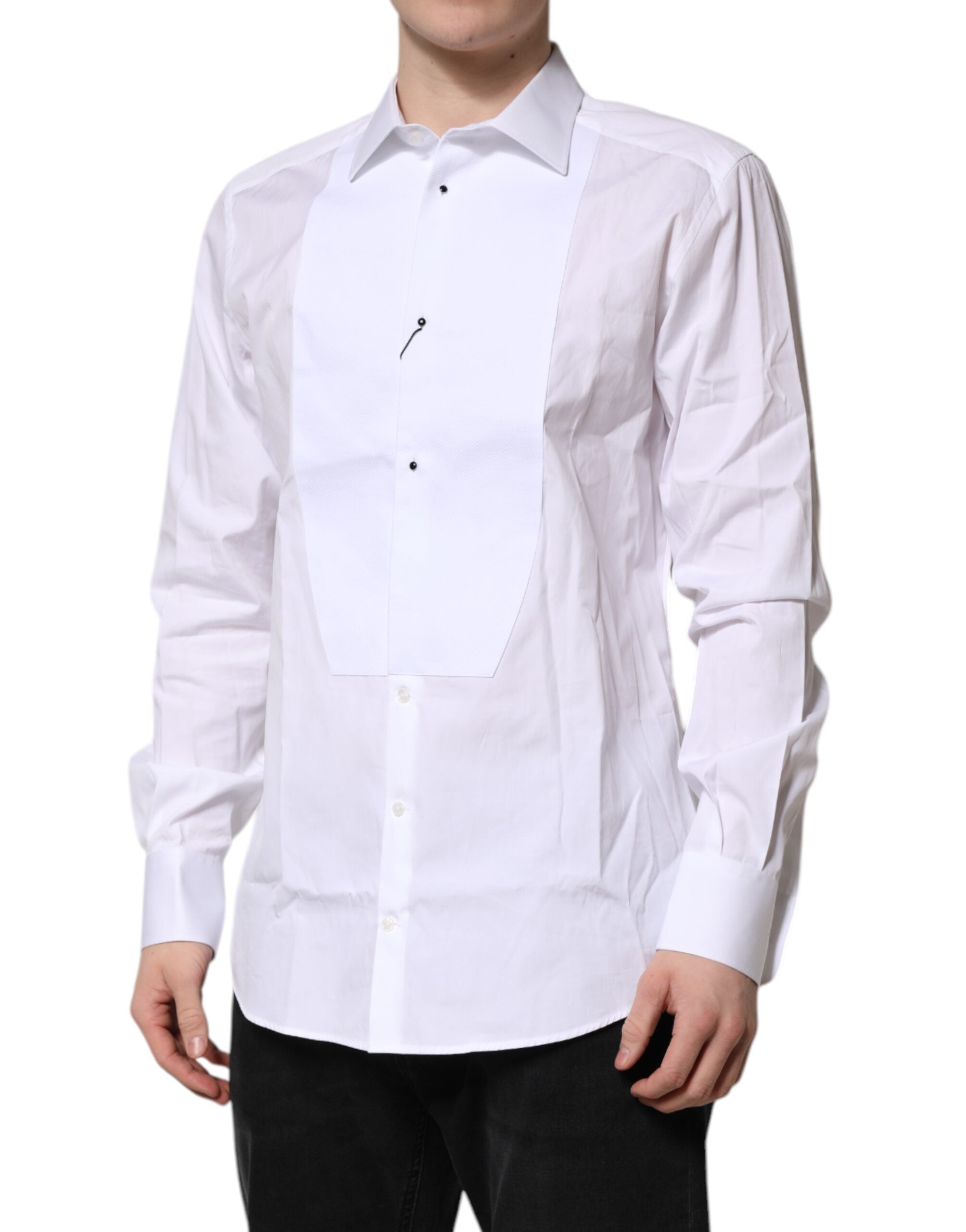 Dolce & Gabbana White Silk Poplin Bib Shirt GOLD Men's Formal Shirt-3