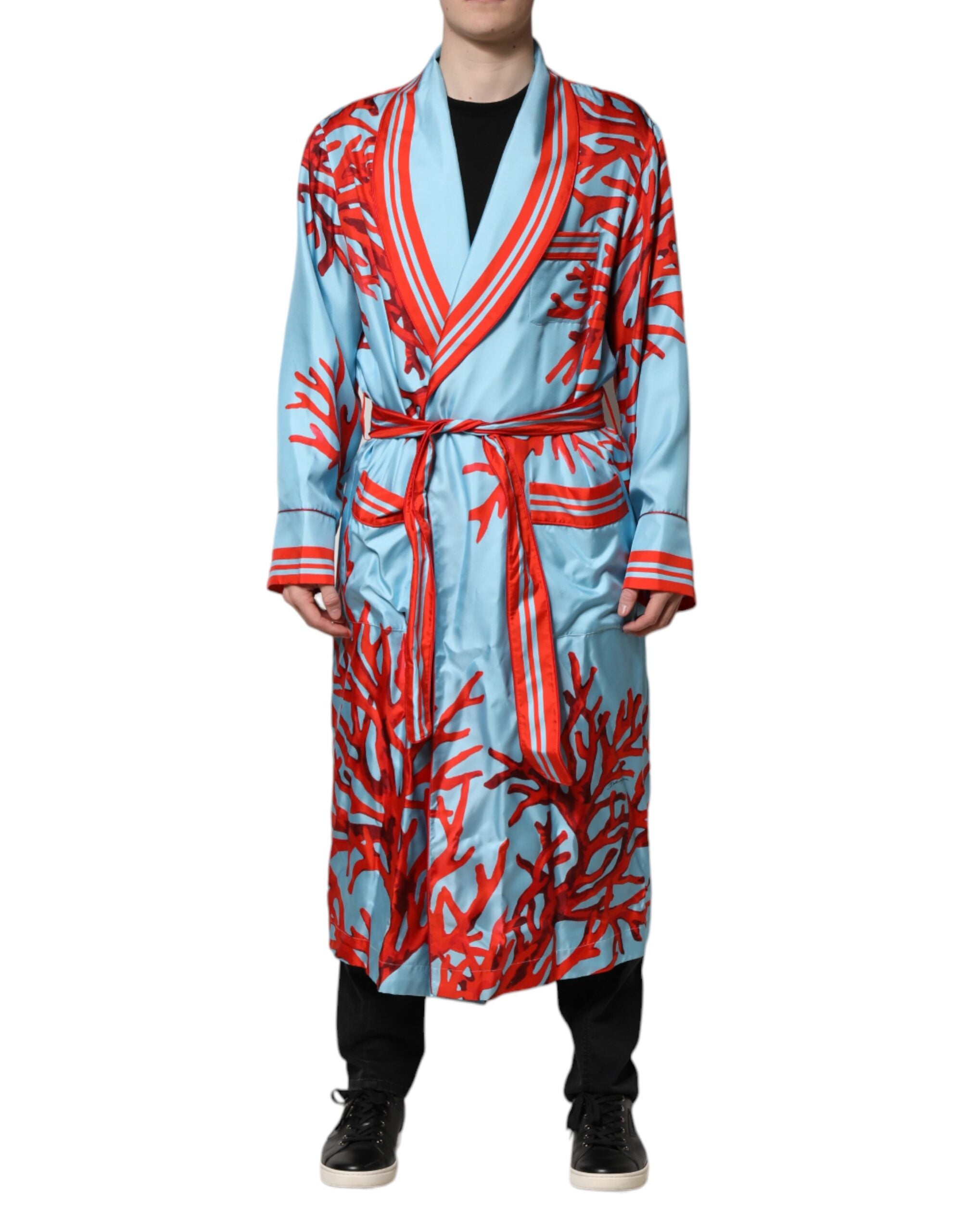 Dolce & Gabbana Blue Red Coral Print Wrap Coat Jacket-1