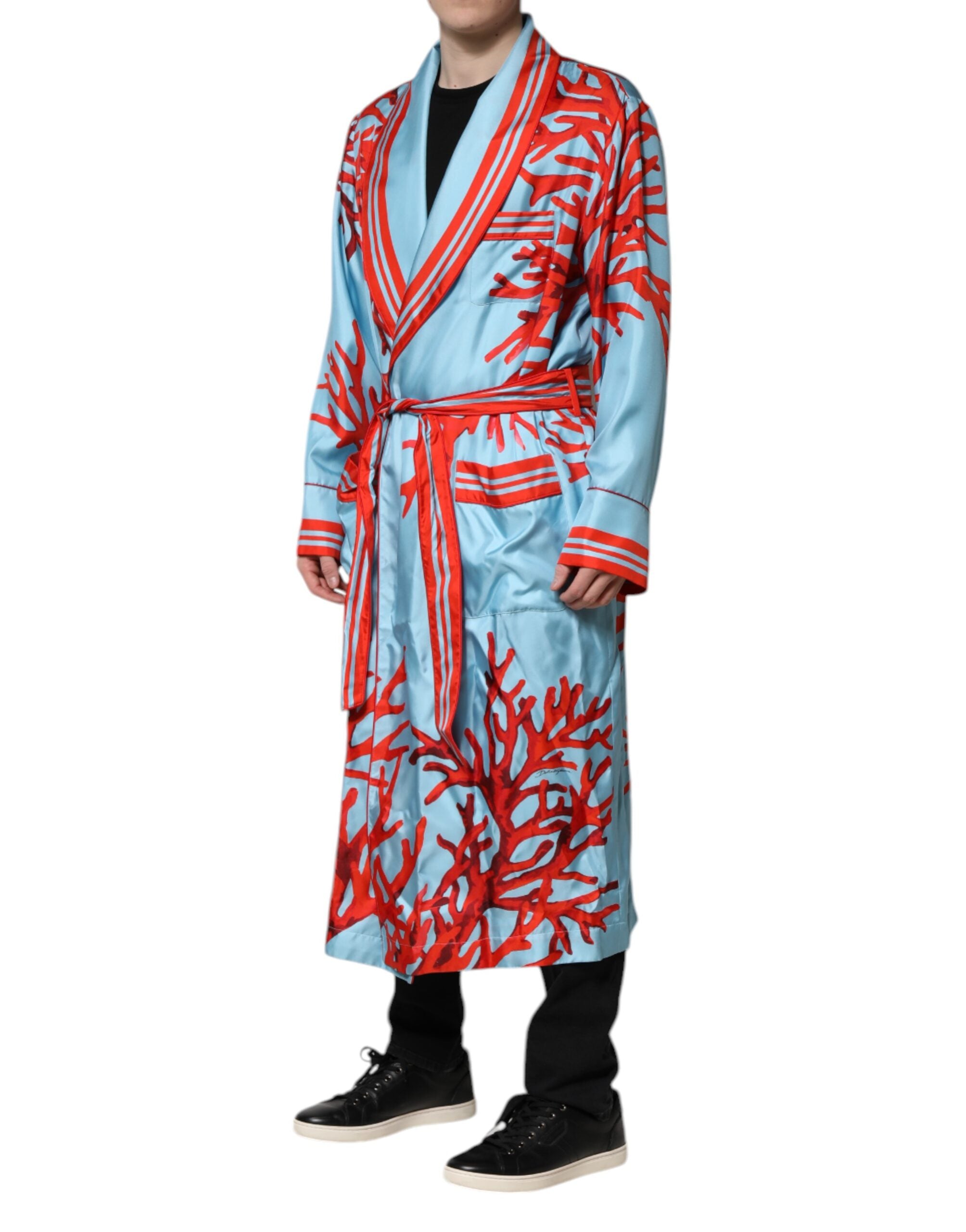 Dolce & Gabbana Blue Red Coral Print Wrap Coat Jacket-3