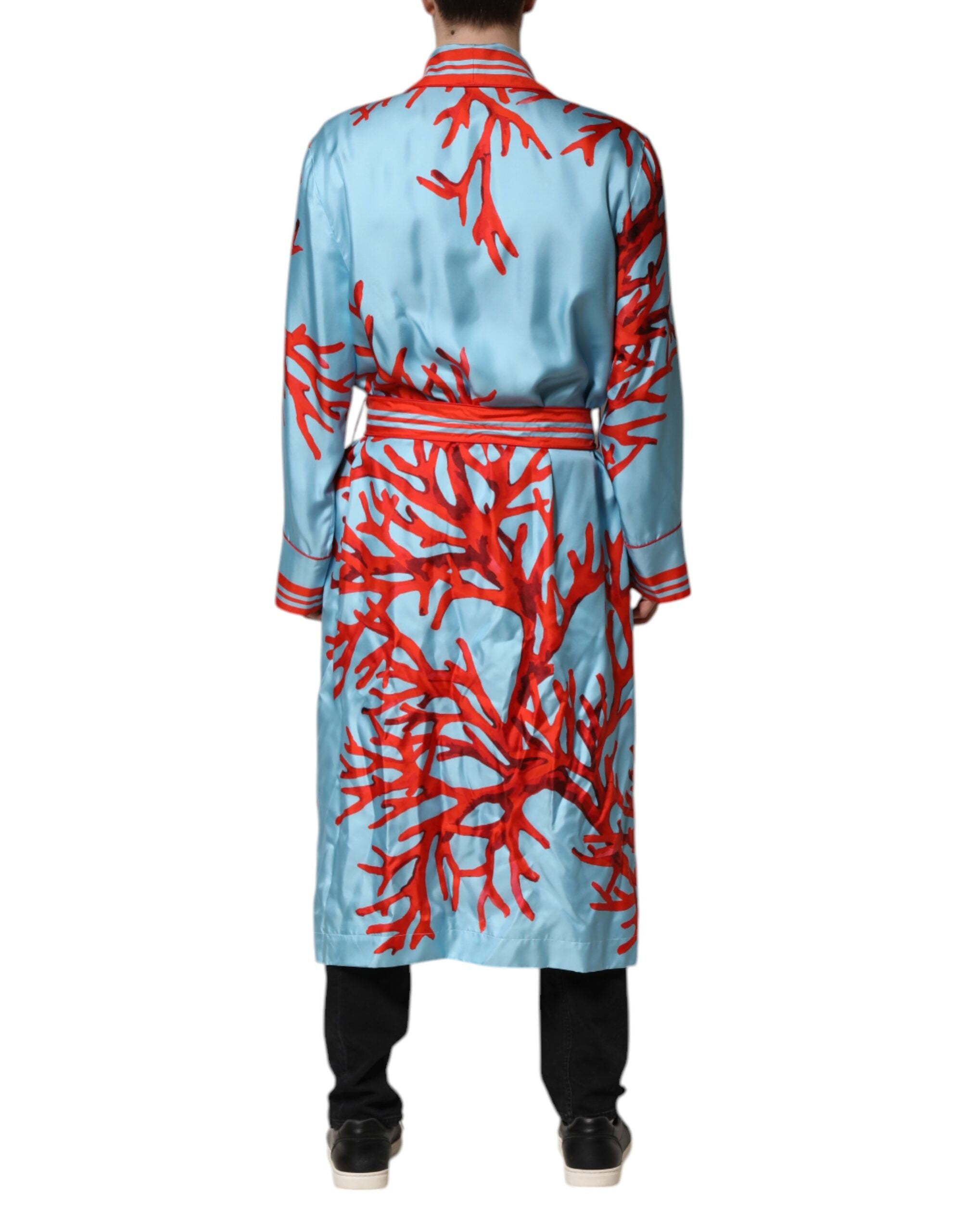 Dolce & Gabbana Blue Red Coral Print Wrap Coat Jacket-4
