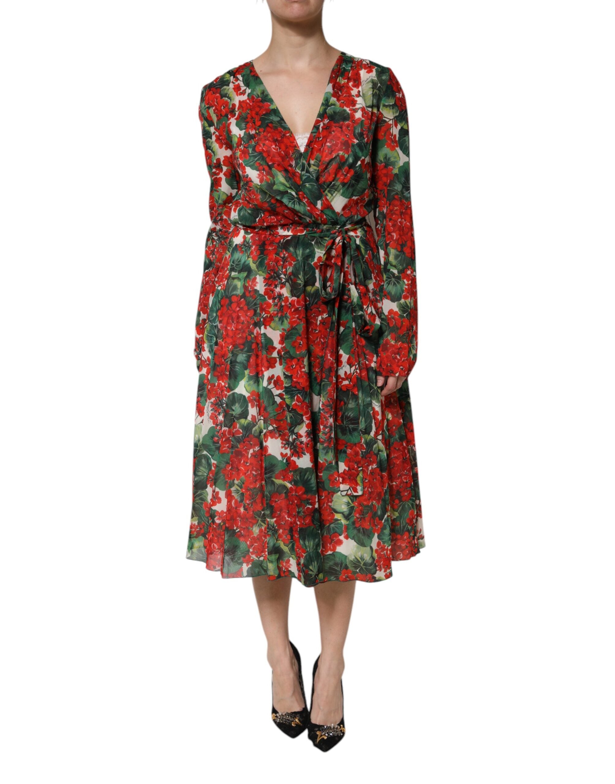 Vestido Dolce & Gabbana con cuello en V y manga larga con estampado floral multicolor-1