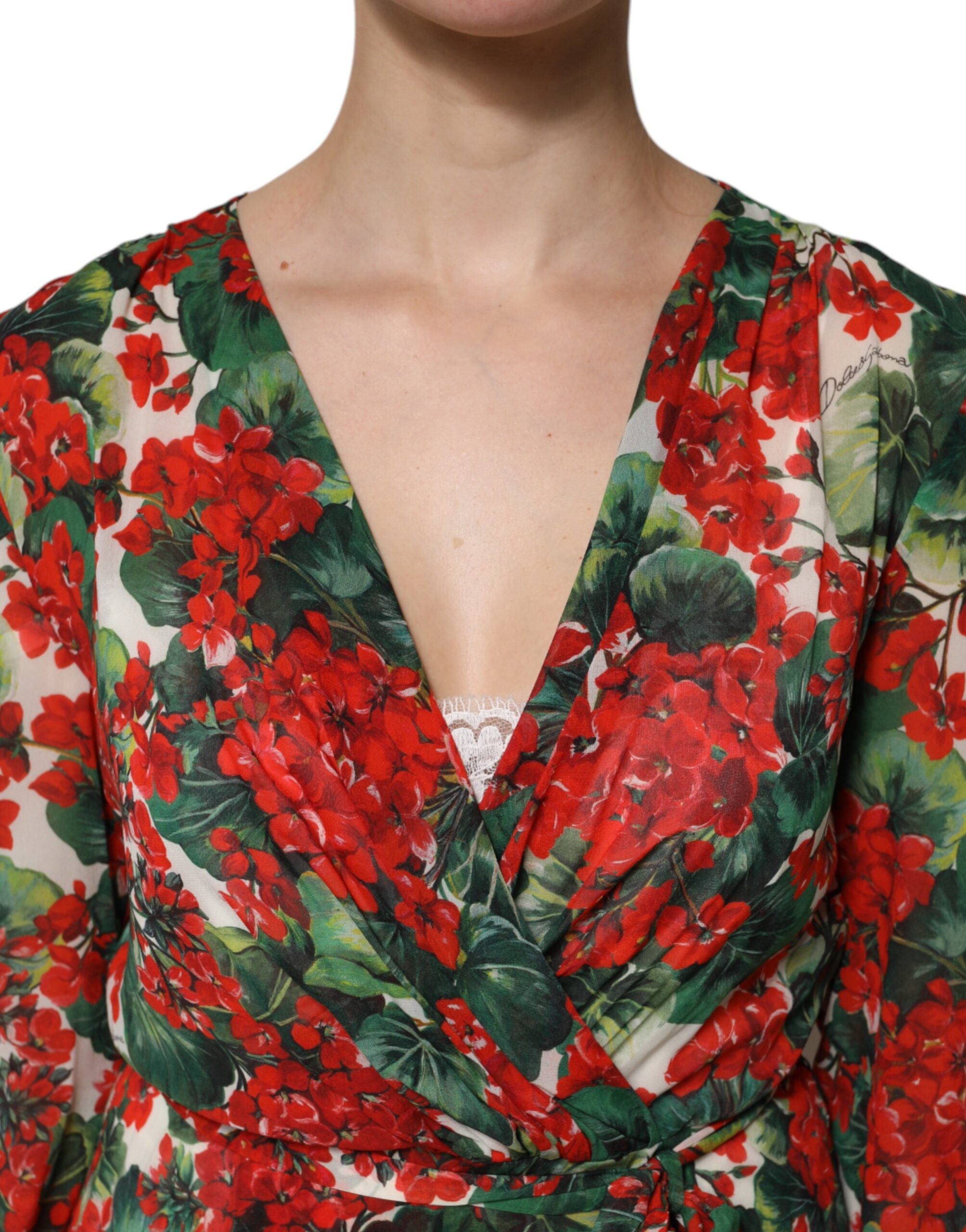 Vestido Dolce & Gabbana con cuello en V y manga larga con estampado floral multicolor-5