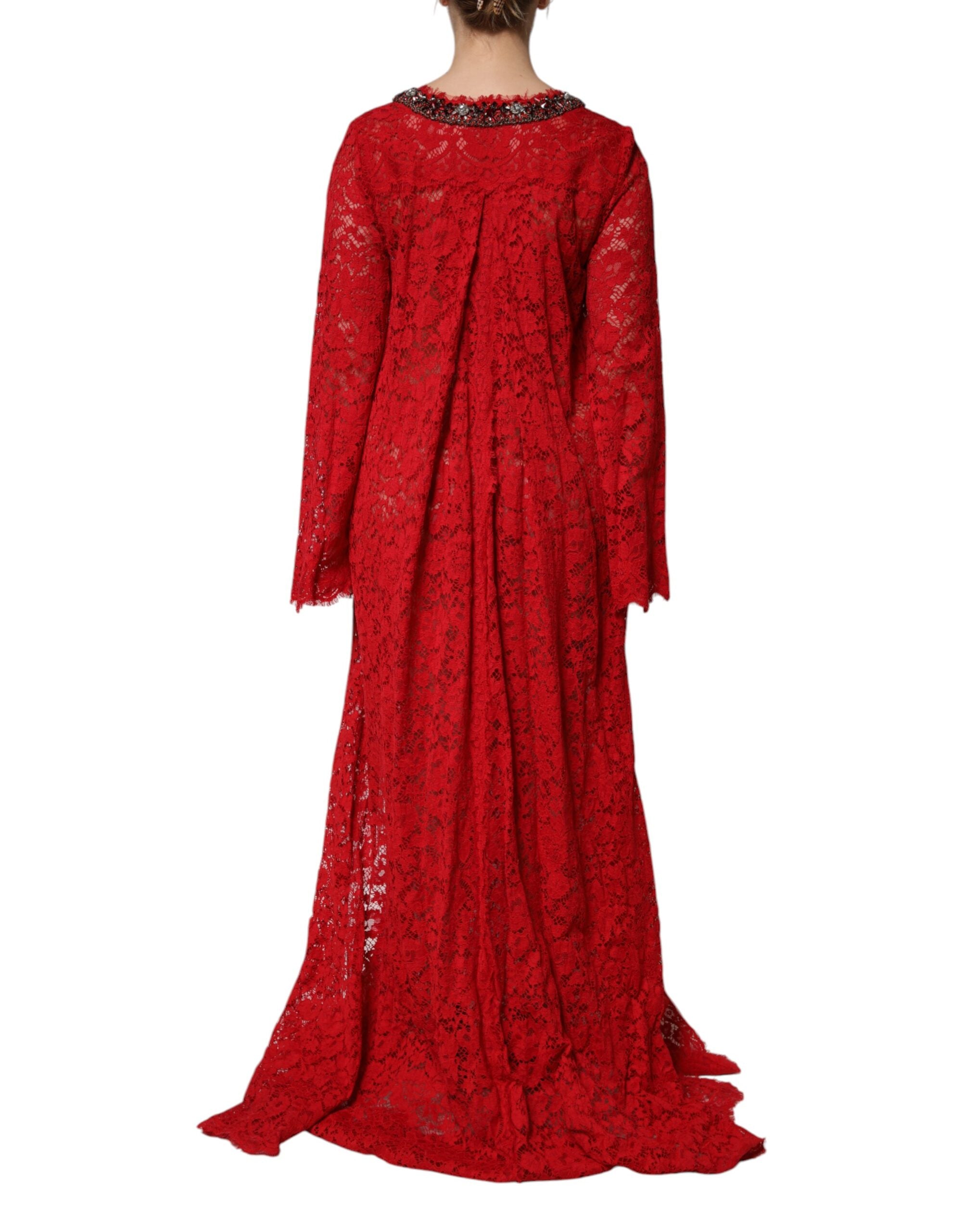Vestido rojo de Dolce & Gabbana con encaje floral y adornos de pedrería-4