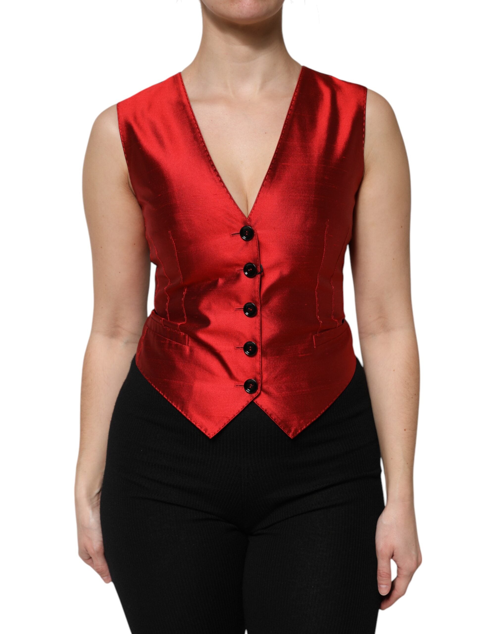 Dolce & Gabbana Rot Schwarz Button Down Ärmellose Weste Top-1