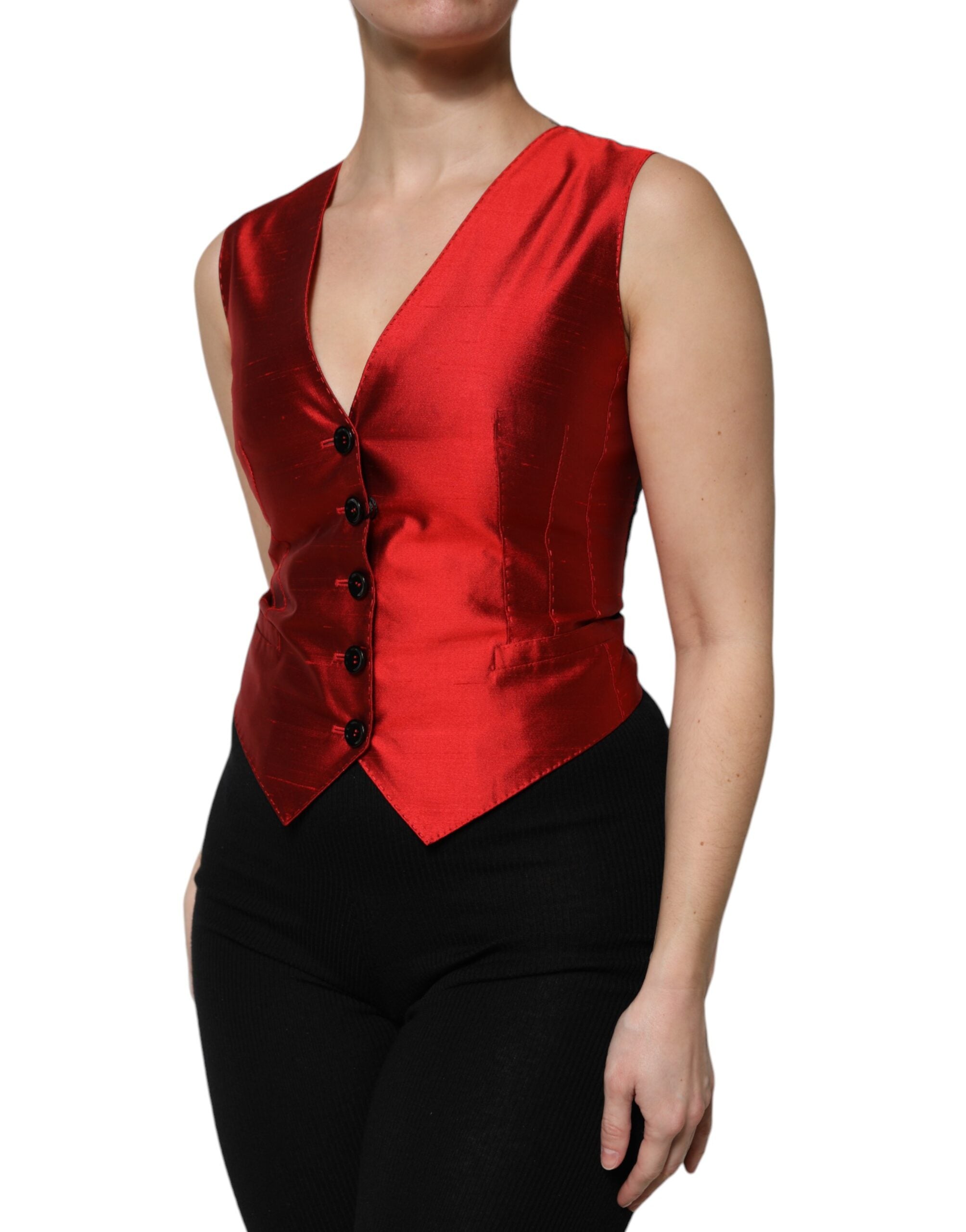Dolce & Gabbana Rot Schwarz Button Down Ärmellose Weste Top-3