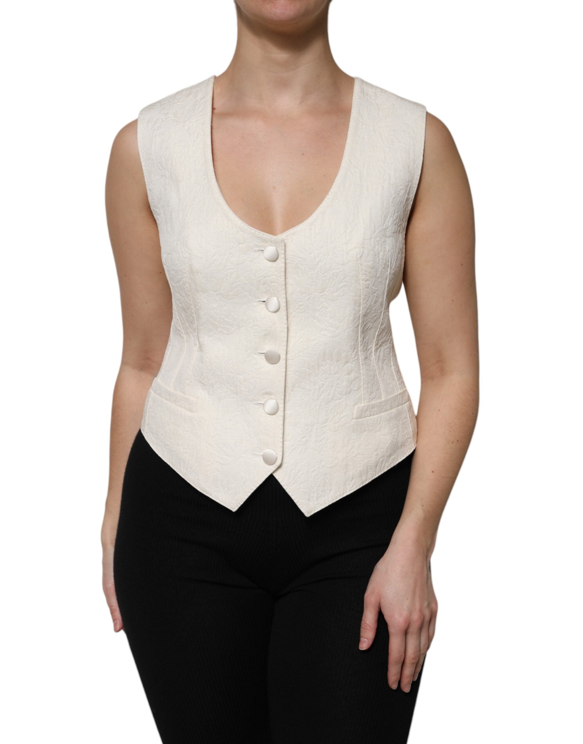Top sin mangas de algodón color marfil con tapeta de botones de Dolce & Gabbana-2