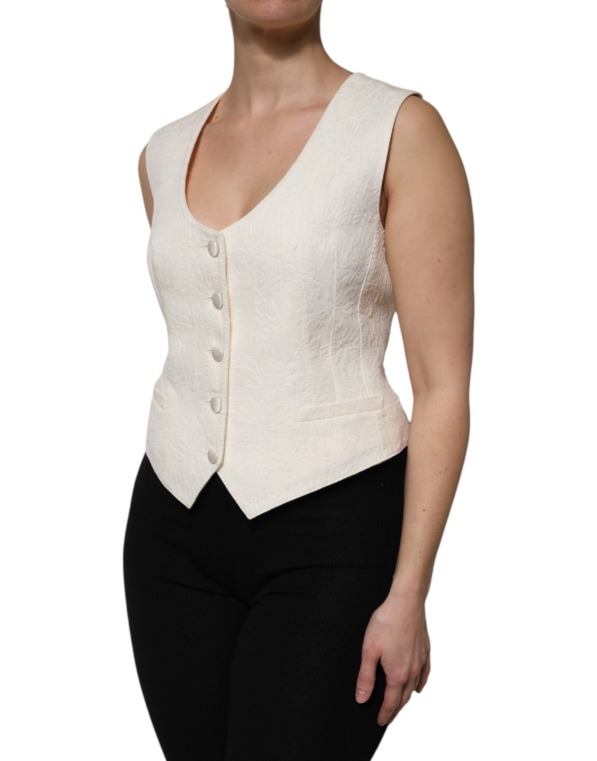 Top sin mangas de algodón color marfil con tapeta de botones de Dolce & Gabbana-3