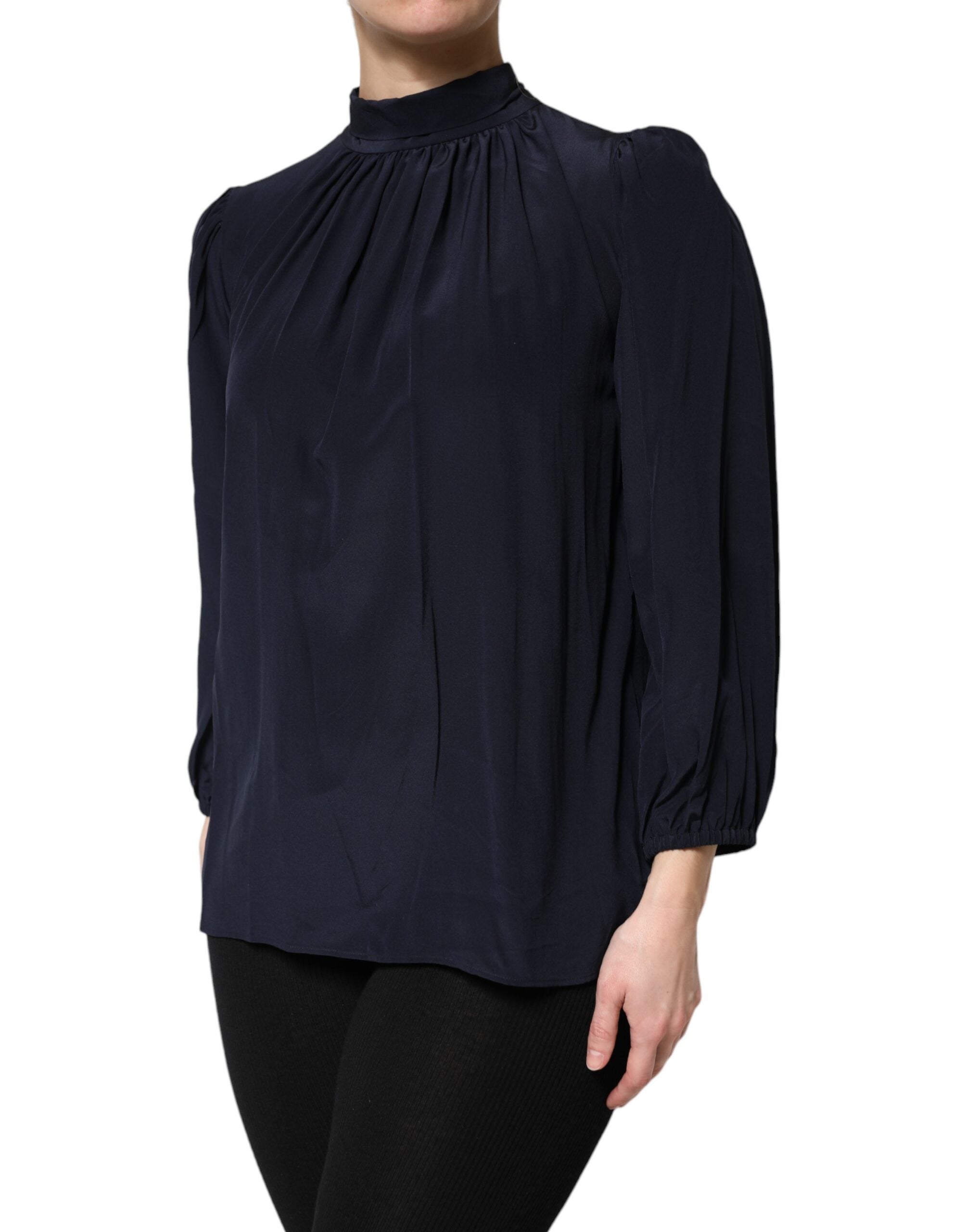 Dolce & Gabbana Blaues Seidenblusentop mit langem Ausschnitt und langen Ärmeln-3